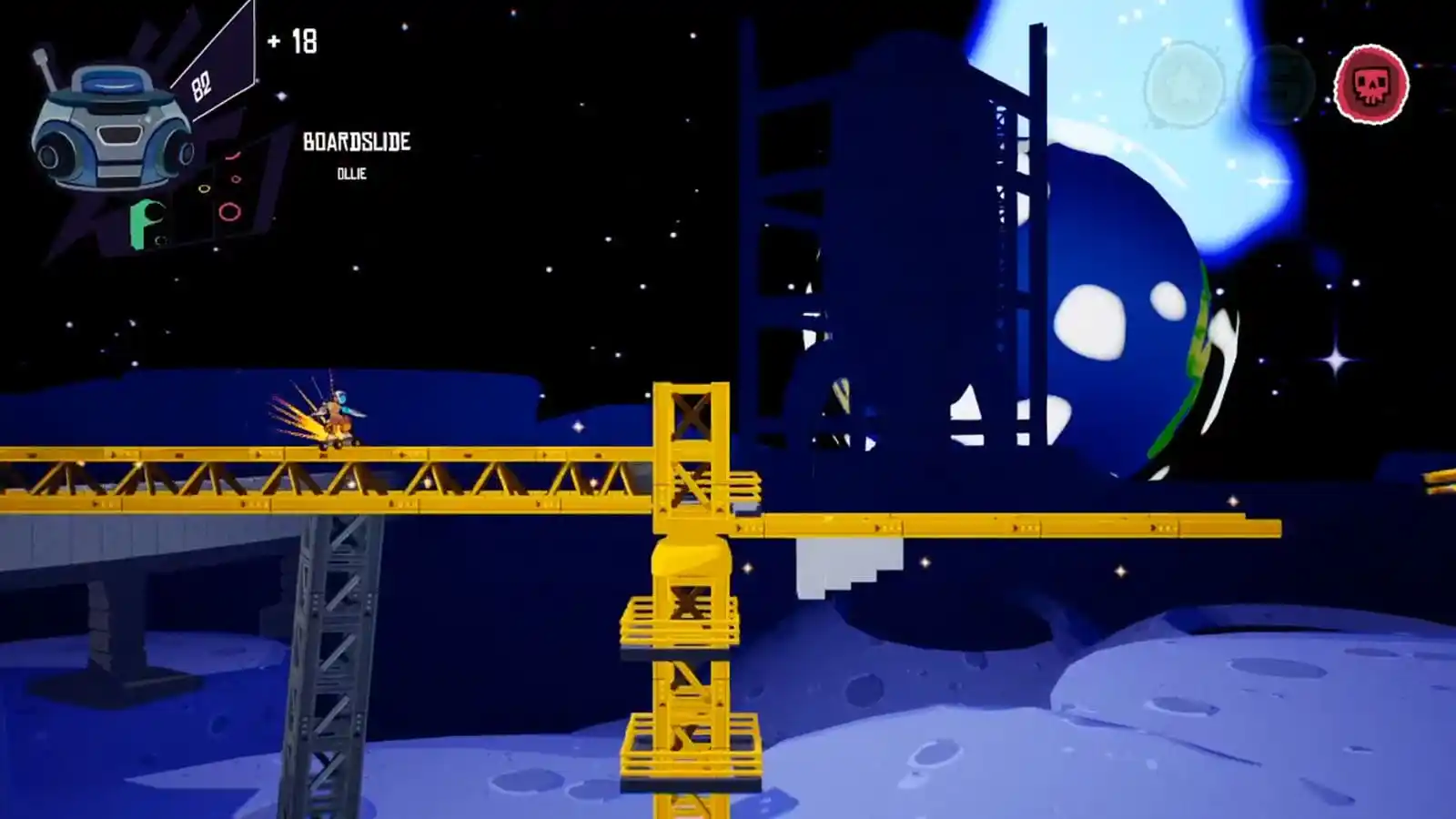 A skateboarder is grinding a crane, the sky and the earth are placed behind