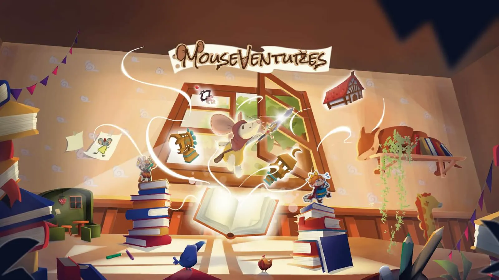 A whimsical scene featuring a mouse with a sword flying from an open book, surrounded by magical items.