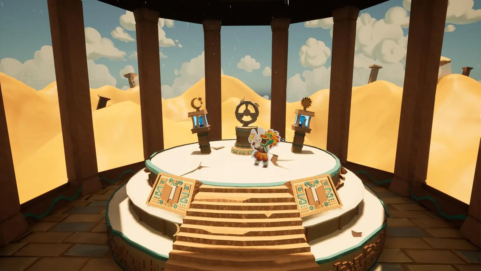 A digital desert temple with a central platform displaying celestial symbols and a cartoon character.