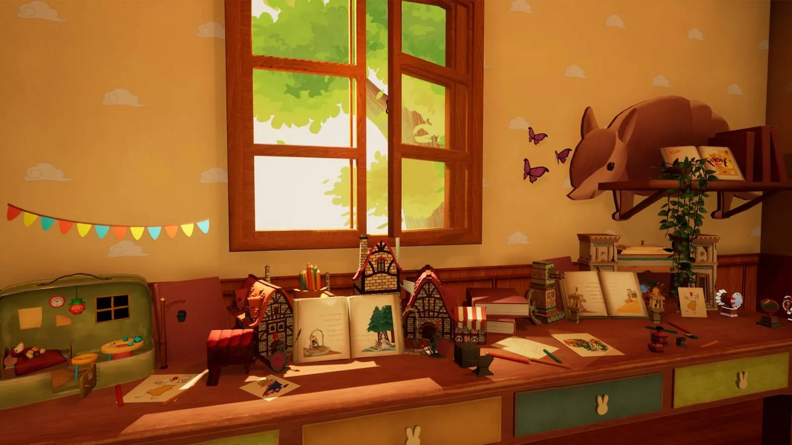 A cozy, animated workspace with a tree view outside the window and various creative items on the desk.