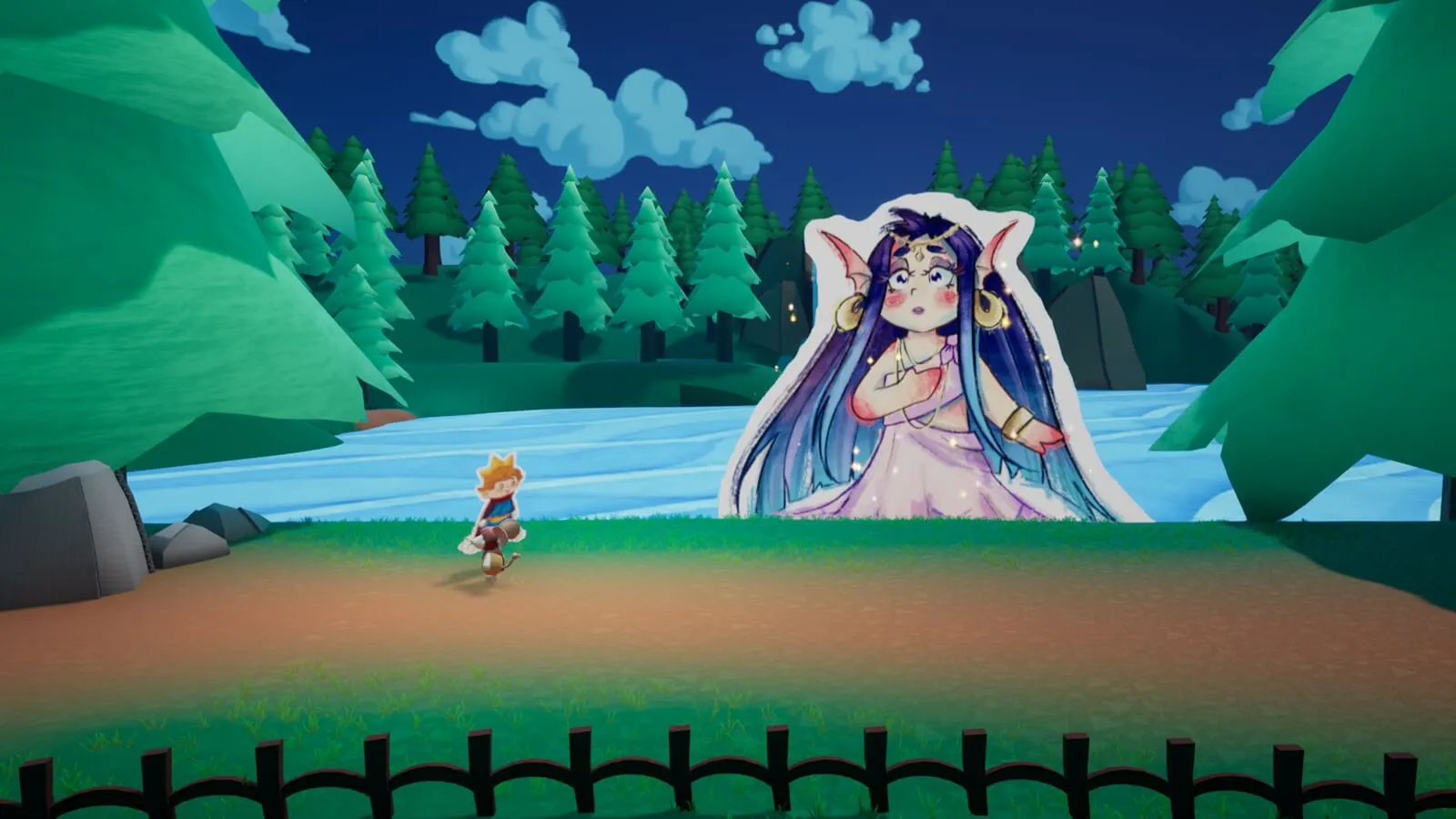 A cartoon character in a forested area with a large illustration of a mystical character in the background.