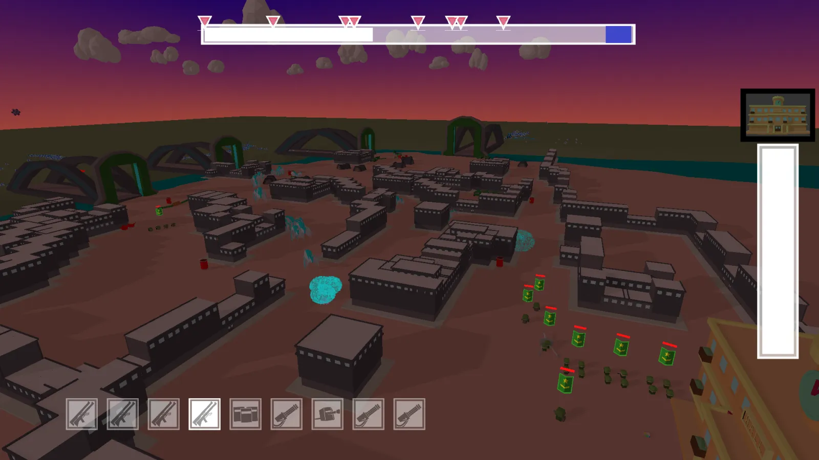 Panoramic view of the game map with multiple structures and objects.