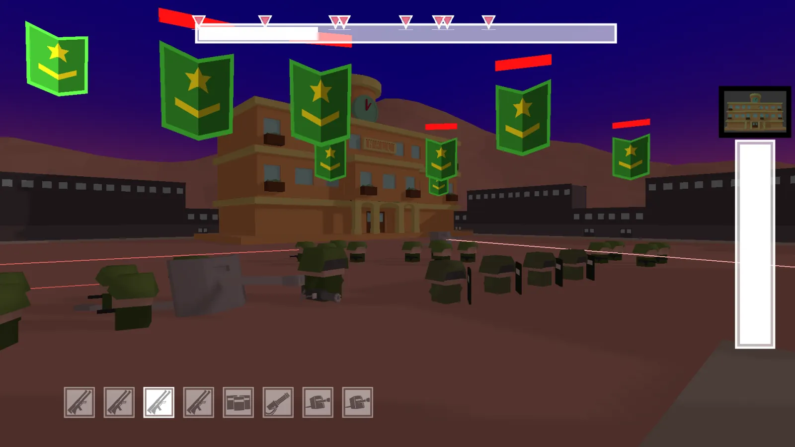 Soldiers and flags in front of a building in the game environment.