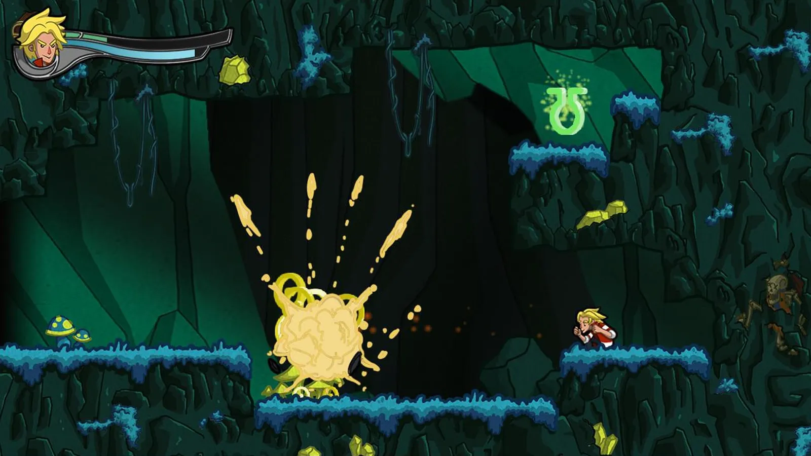 Jero crouches as a yellow explosion occurs across the screen