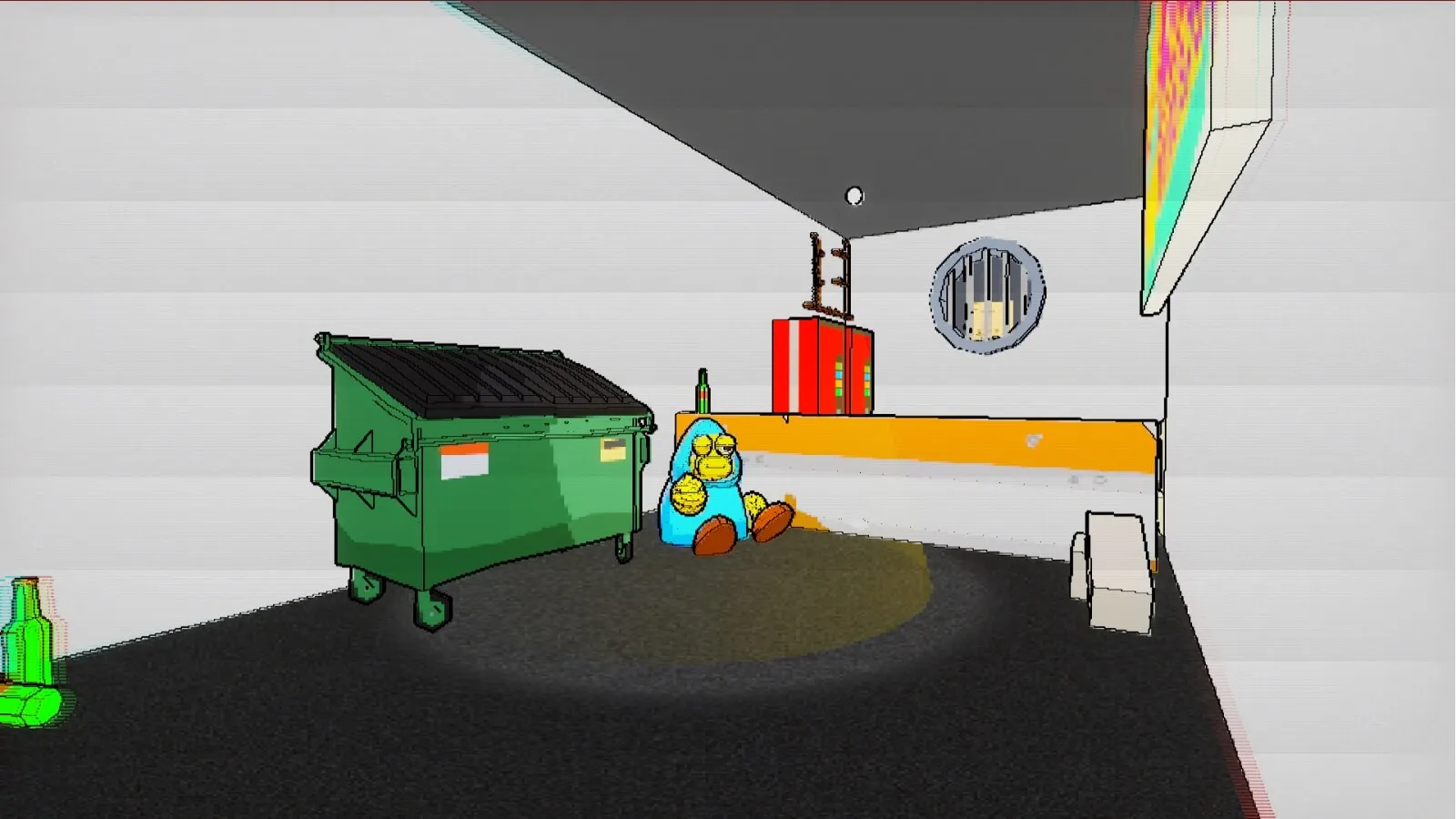 A pixelated character sitting next to a dumpster in a minimalist environment.