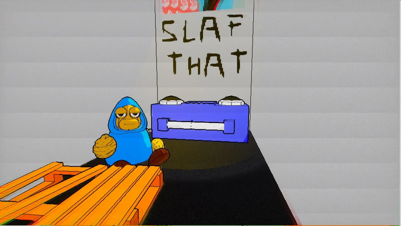 A pixelated character sitting with the text "SLAP THAT" in the background.