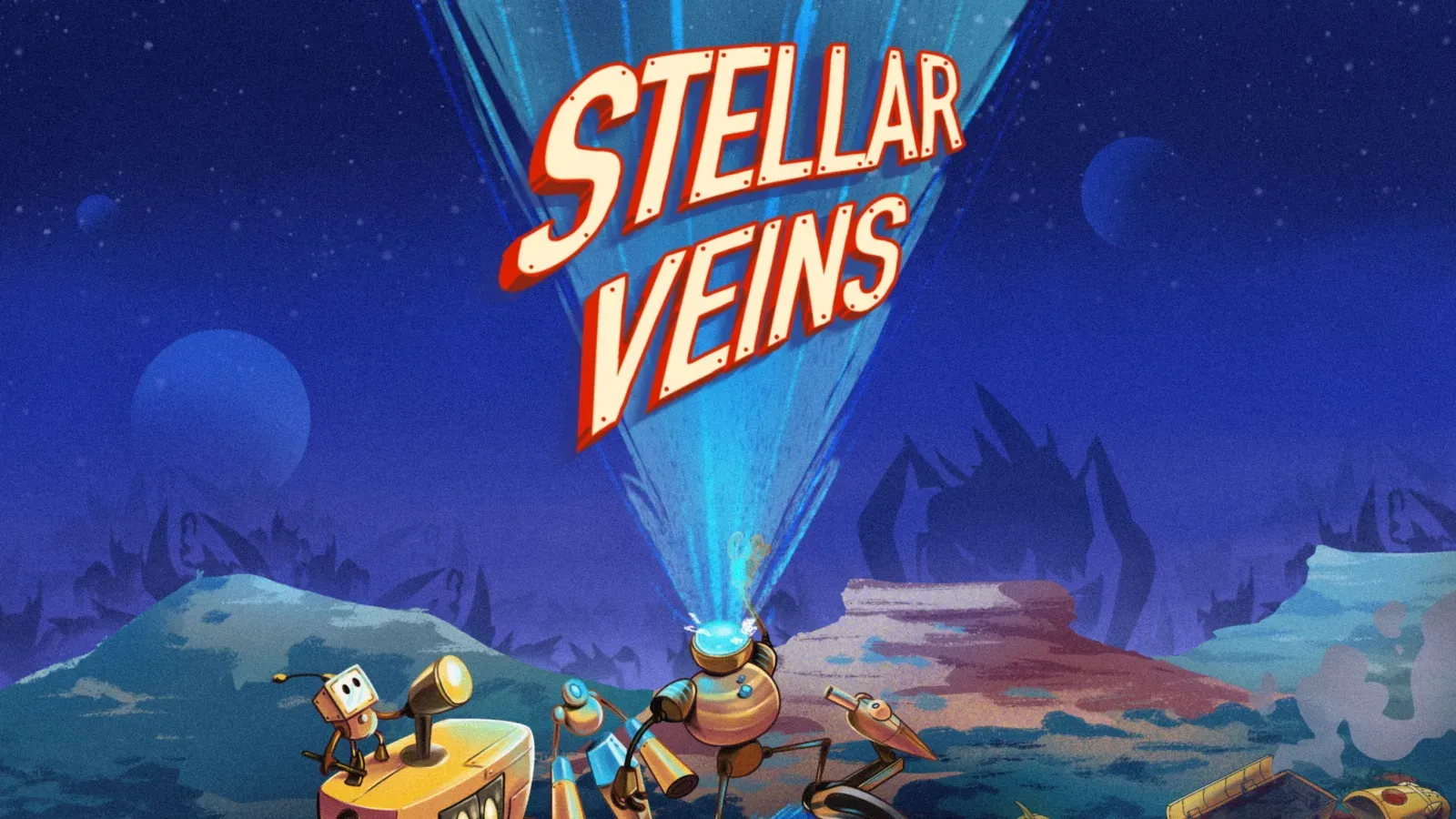 Horizontal poster of Stellar Veins featuring robots exploring an alien landscape.