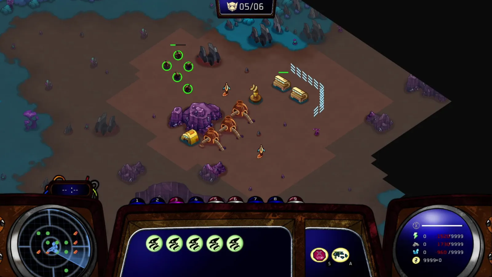 Screenshot of a space strategy game with a control panel and aerial view of the base.