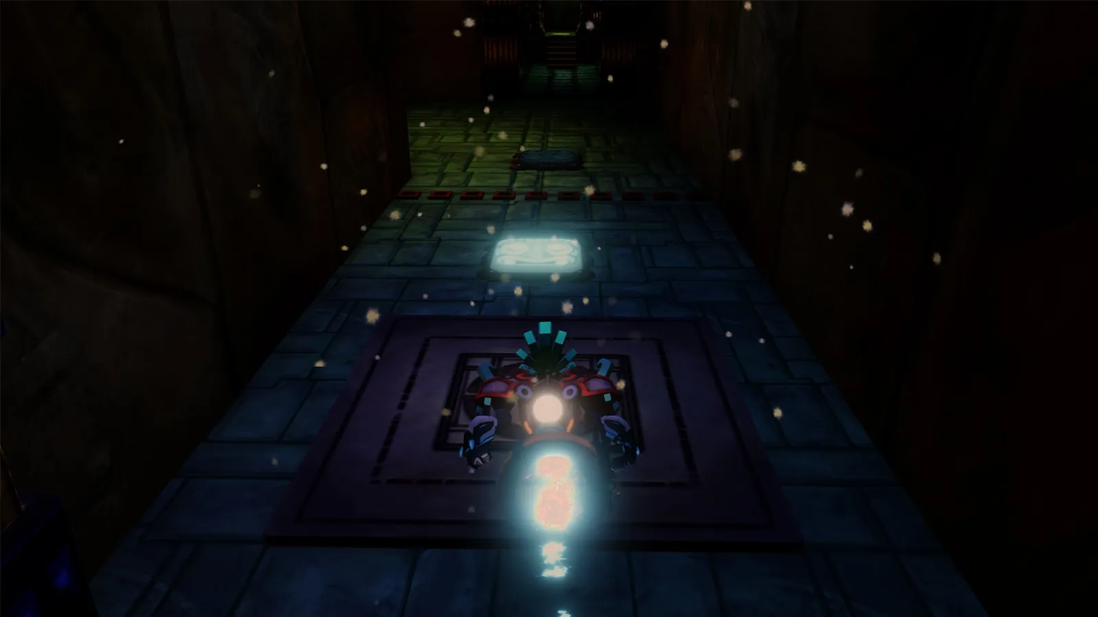 A glowing avatar floats down a stone corridor towards a glowing stone face