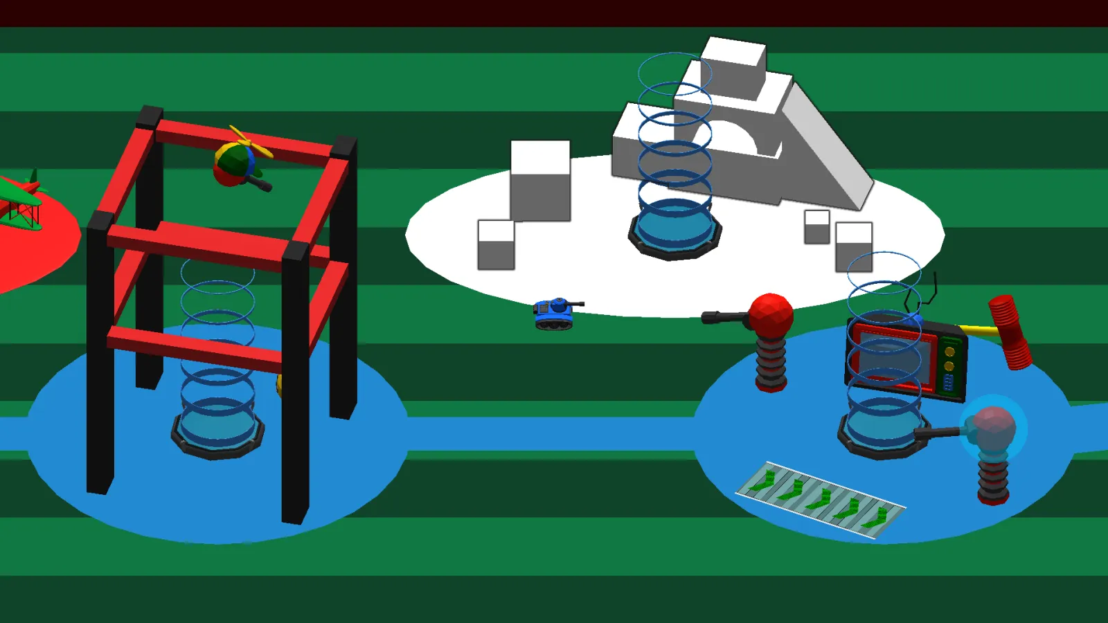 Game with tanks and geometric structures on a green field.