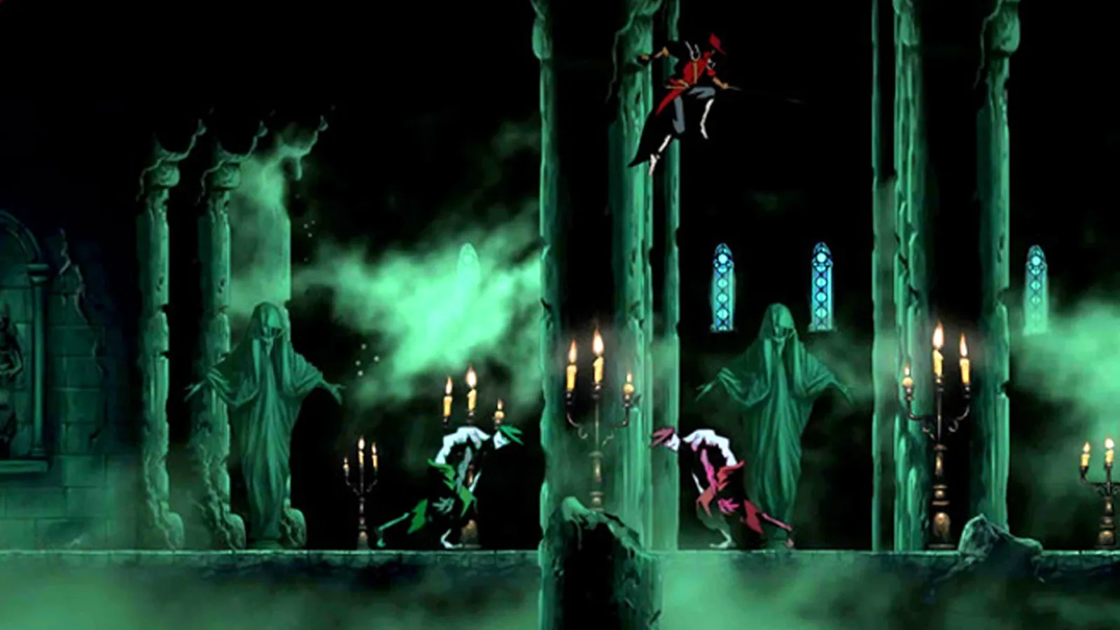 A swordsman in red dashes past an ominous angel statue in a hallway full of lit candelabras