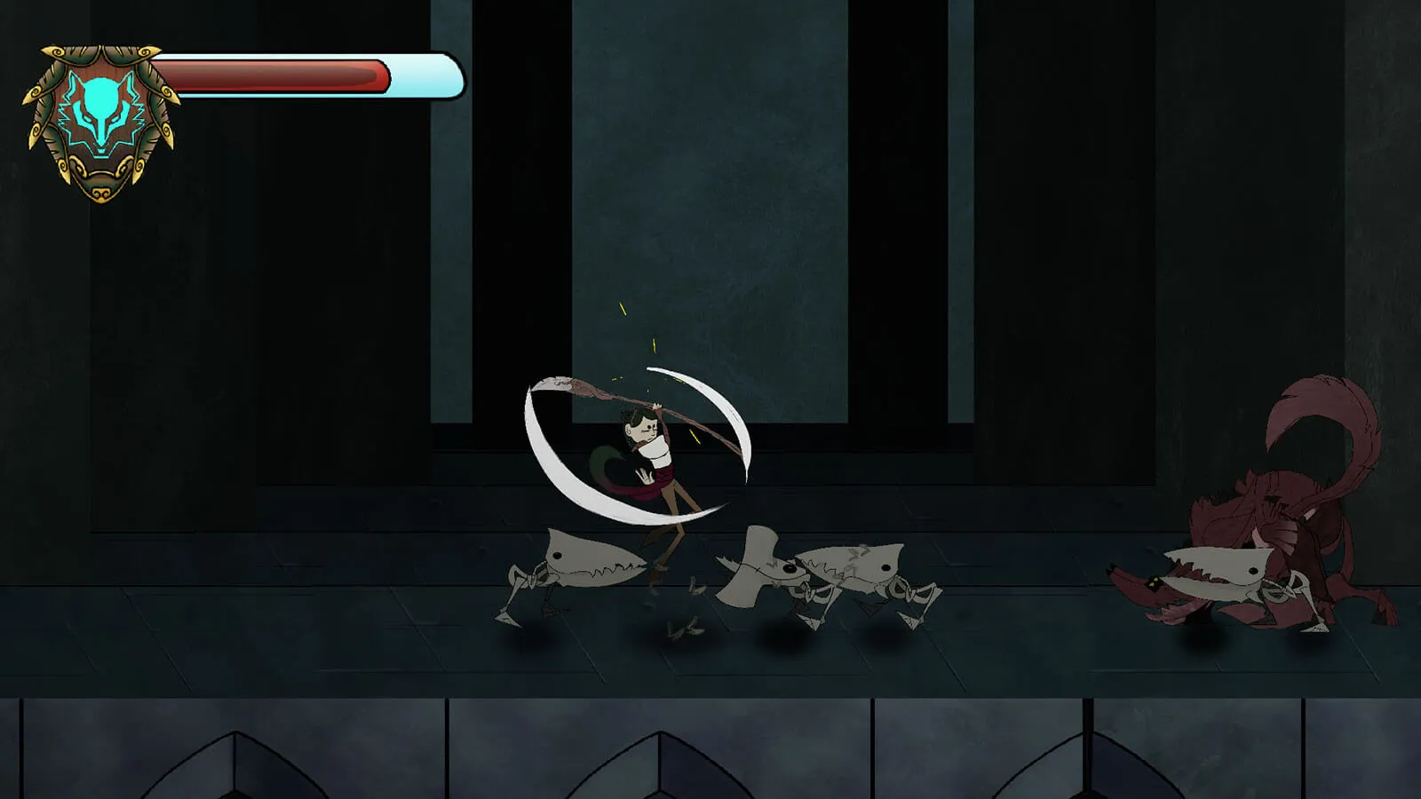 Player swings a spear at three skeleton enemies with sharp beaks