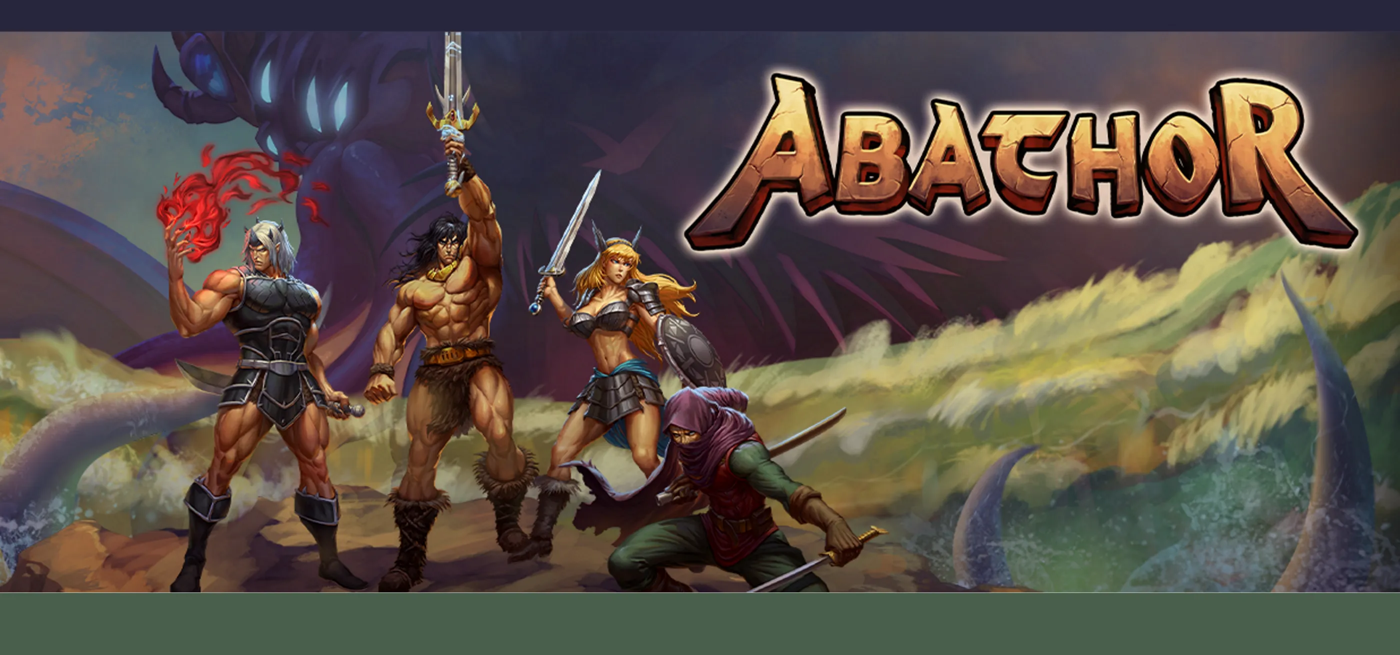 Abathor game promo image: with armored characters with weapons in a fantasy landscape, title above.