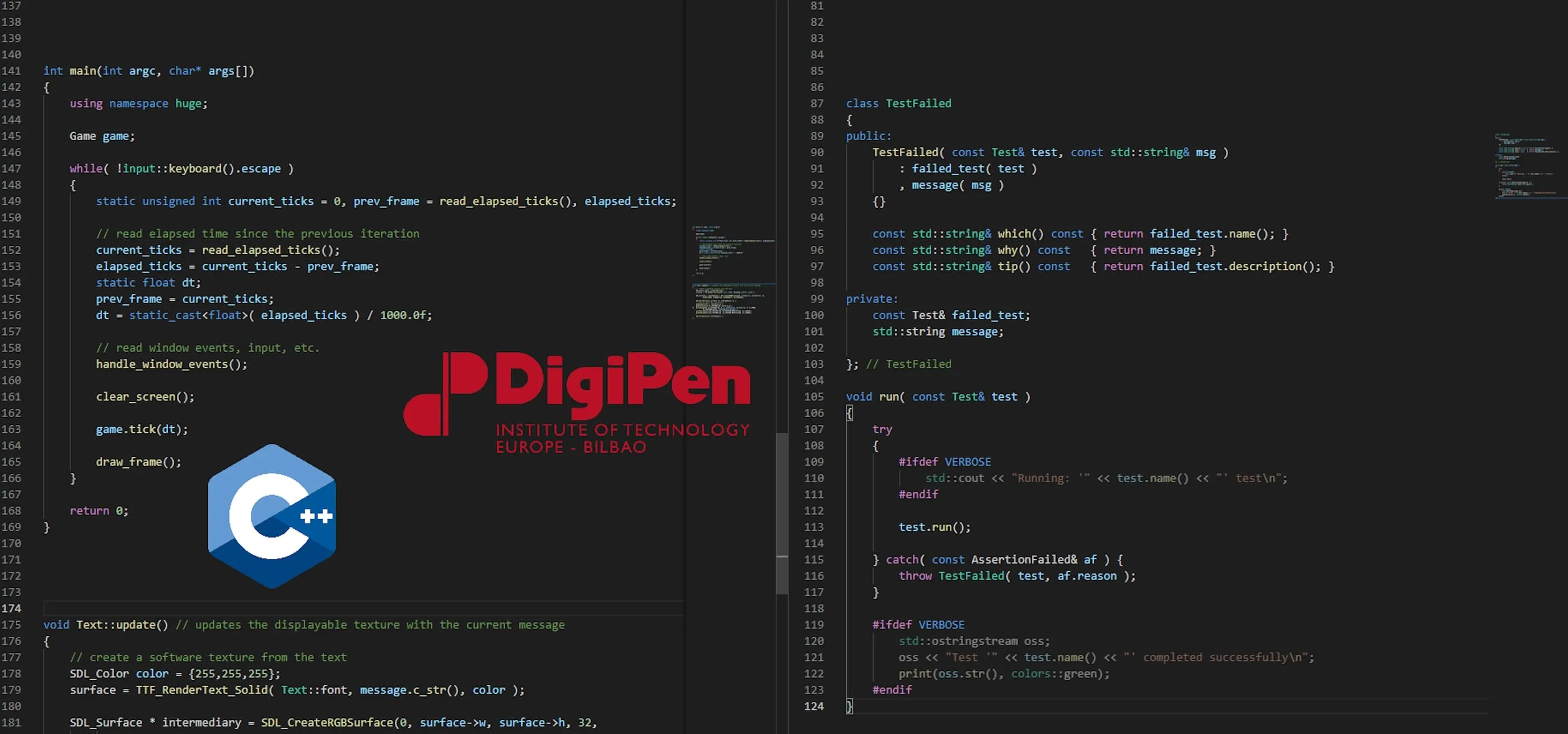 The Digipen logo, along with the C++ logo, lay in front of an arbitrary segment of C++ code.