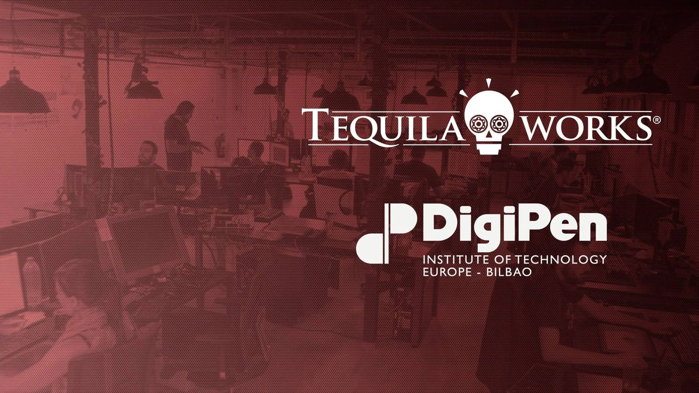 Tequila Works and DigiPen logos imposed over a photo of a team of game developers working