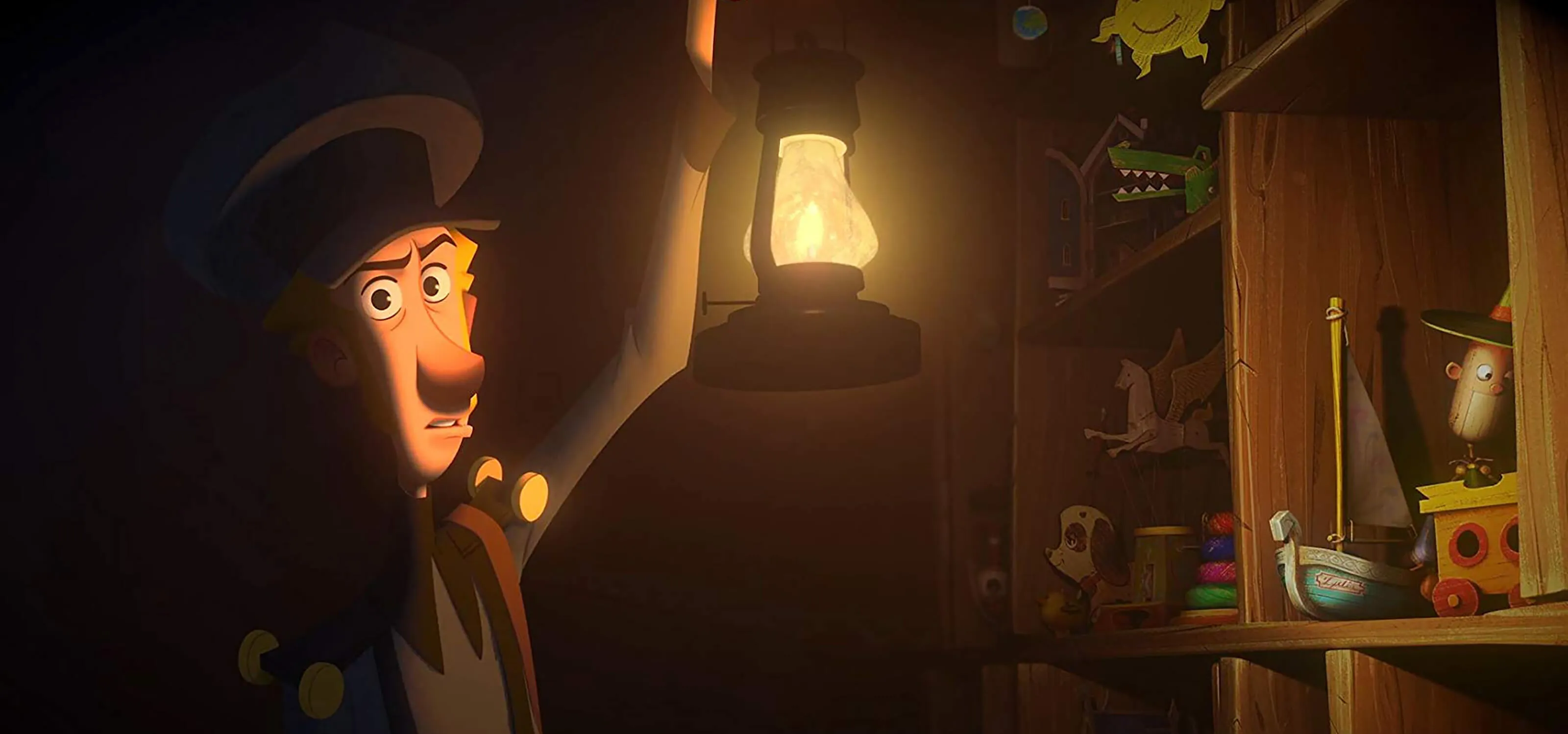 Still shot from the film Klaus: a postmaster holds a lantern in a dark room, revealing shelves of toys.