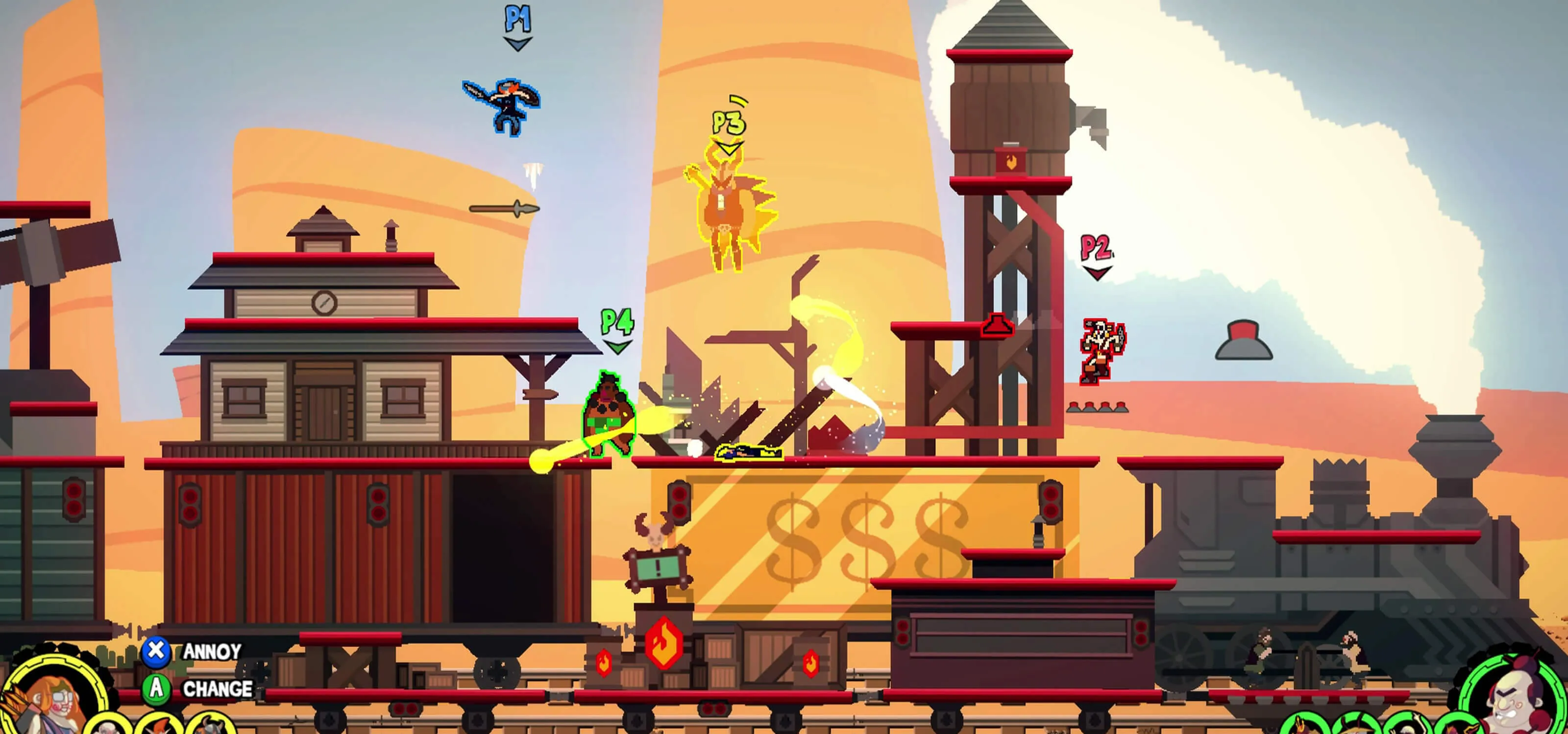 Screenshot from the Kaia Studios game Dynasty Feud, featuring a steam train passing through a western-style town