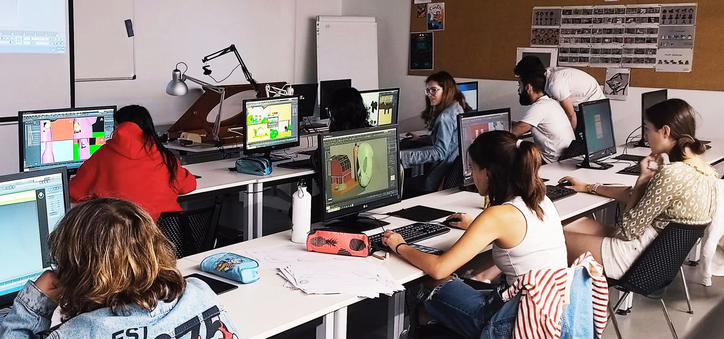 Young students creating 3D designs during the Summer Workshops from DigiPen Europe-Bilbao.