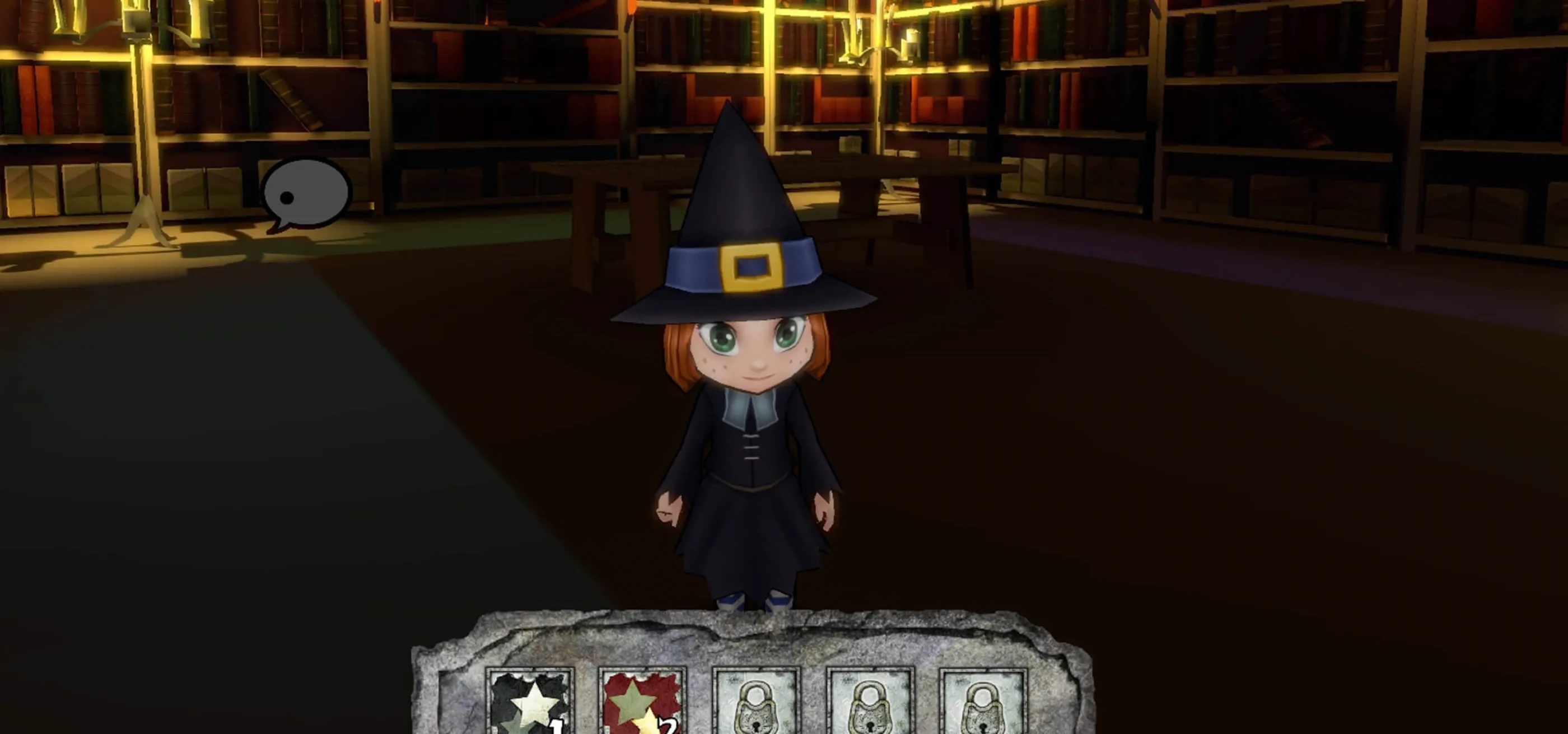 Captura de pantalla del personaje principal del videojuego Sorgina, una joven aprendiz de bruja, en una biblioteca oscura.