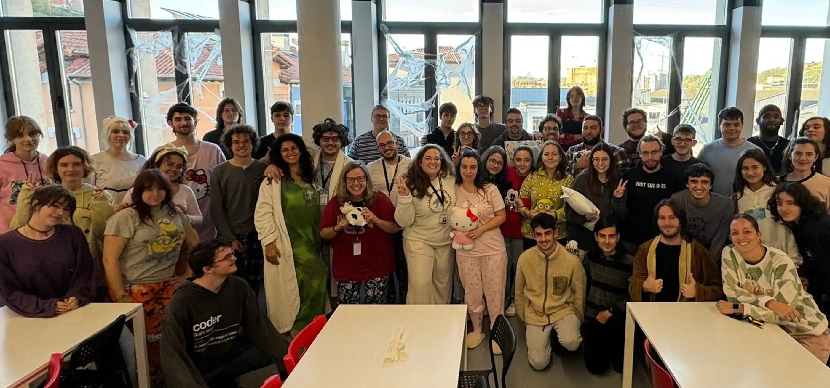 Group of students and faculty at DigiPen Europe-Bilbao's pijama day