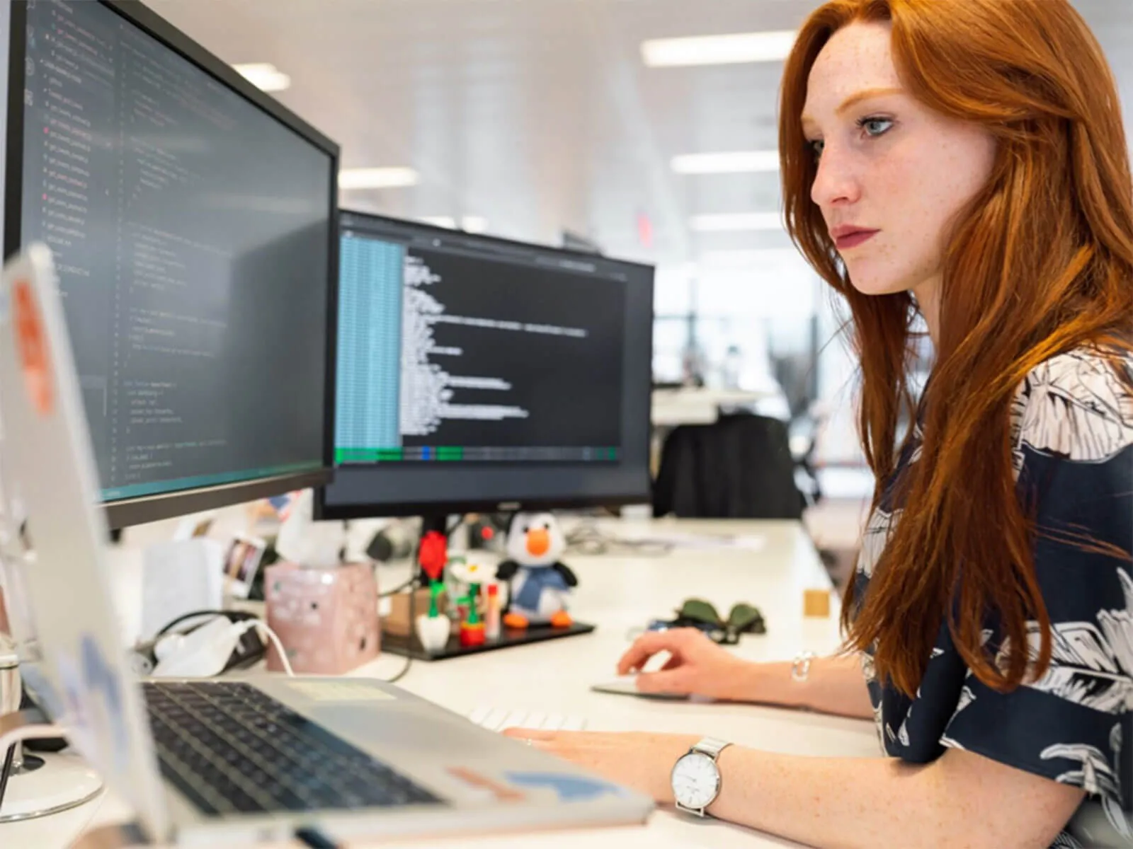 Woman at a computer workstation