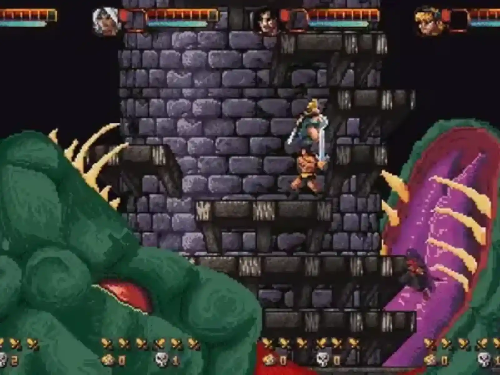 Abathor game gif featuring two characters on a stone tower battling a large green and purple monster