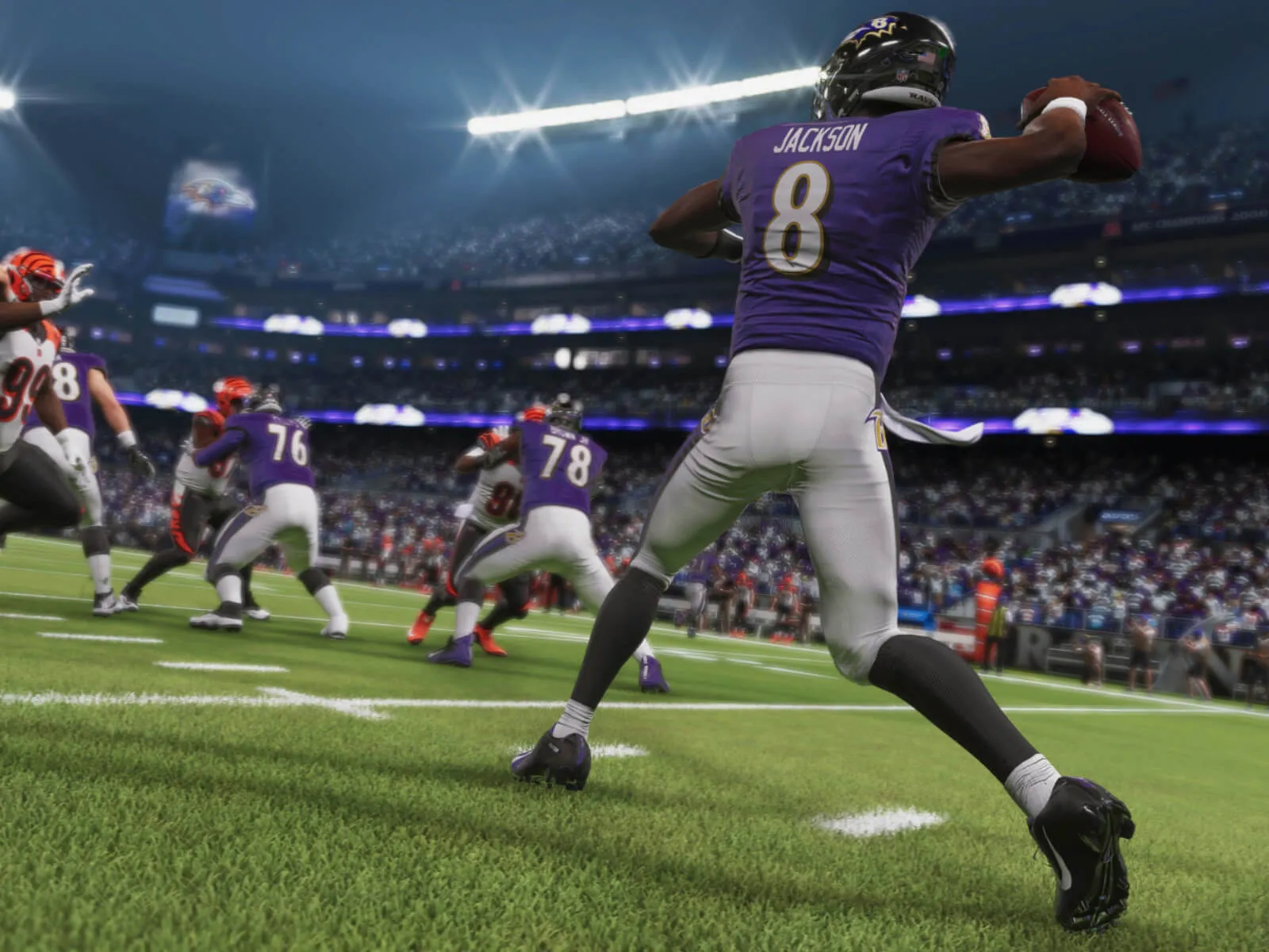 Madden NFL 21 screenshot: Quarterback Lamar Jackson readies for a pass.