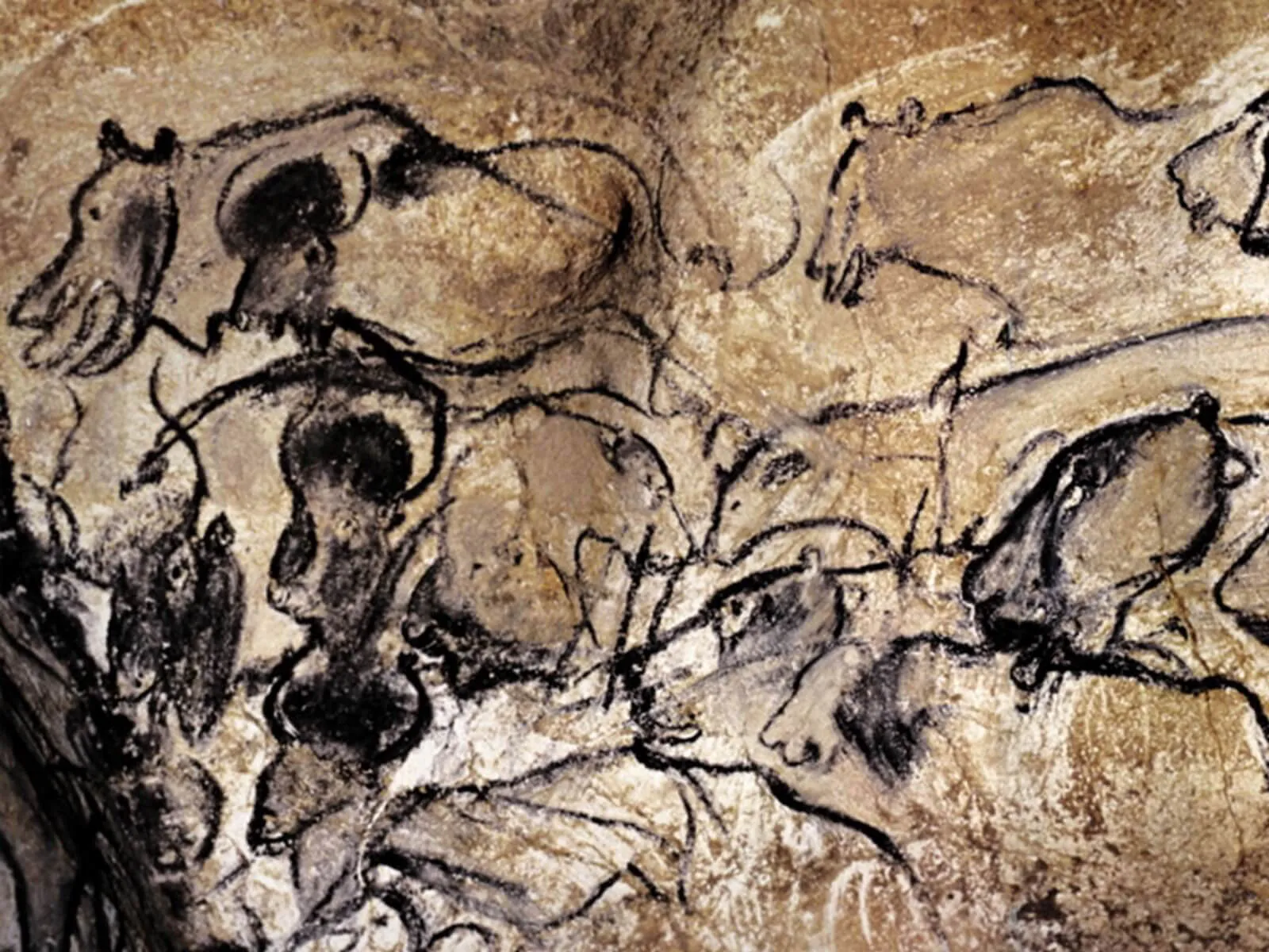 A cave painting depicting a group of animals.