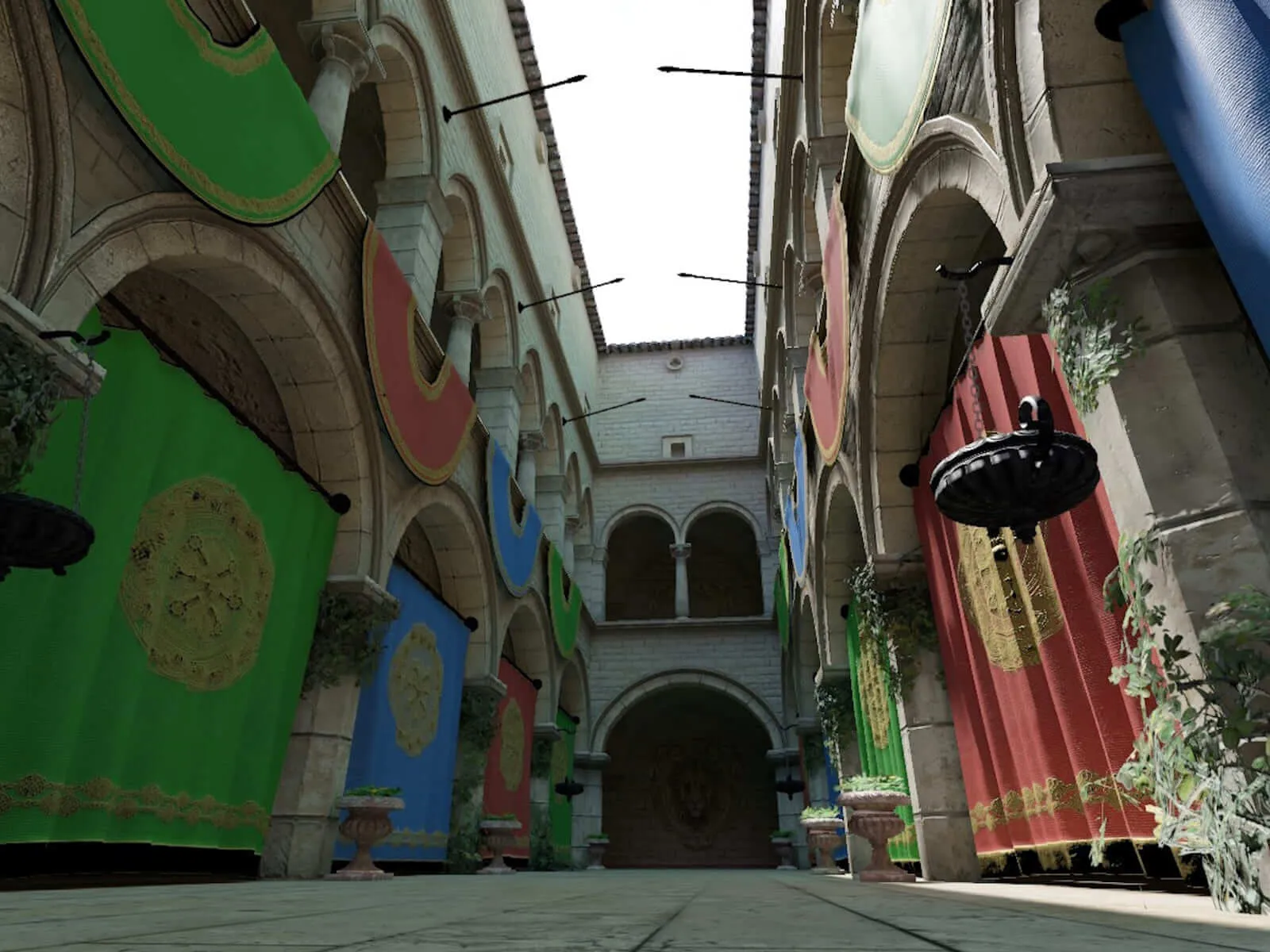 Frame from the Sponza Scene lighting test environment, featuring indoor and outdoor areas