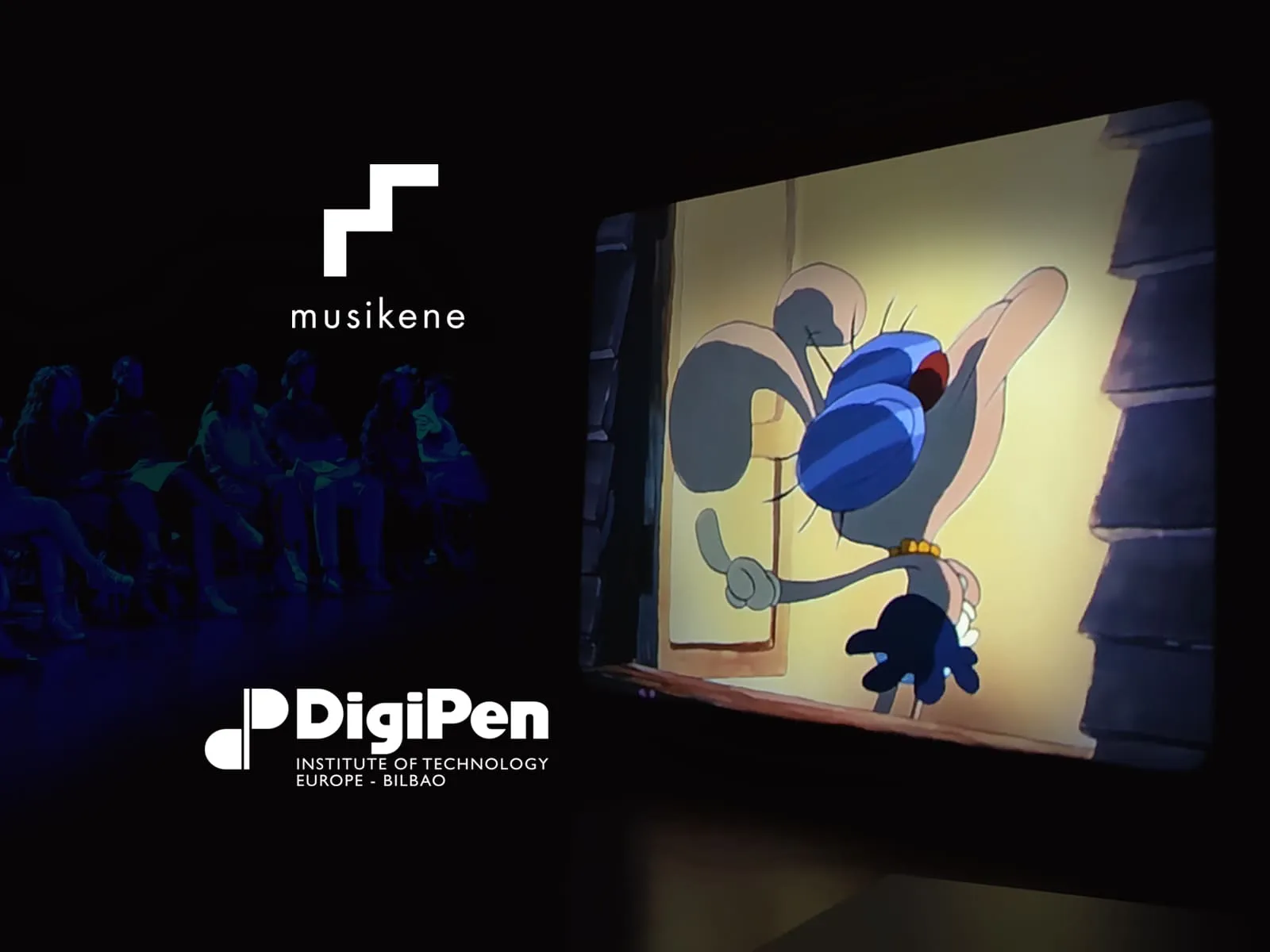 An animated cartoon screenshot that highlights a character, with the logos of DigiPen and Musikene visibly placed on its left side.