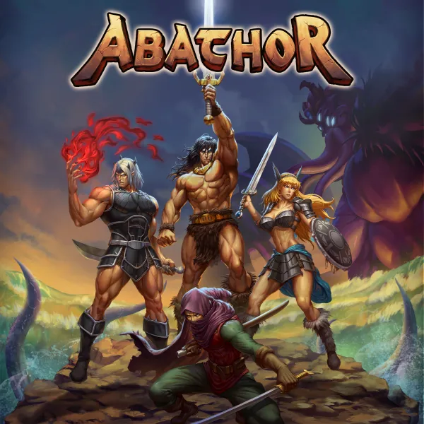 Abathor game promo image: with armored characters with weapons in a fantasy landscape, title above.