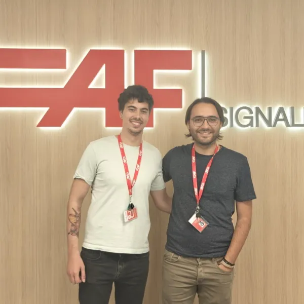 The alumni Mateo Couso and Kerman Munitxa in their actual workplace, the railway company CAF Singaling.