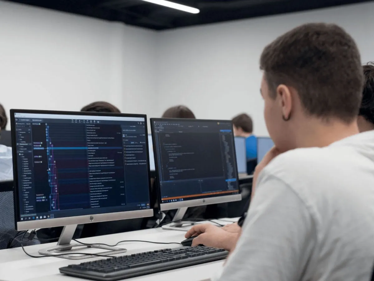 A DigiPen Bilbao student sits in a computer lab working on game development