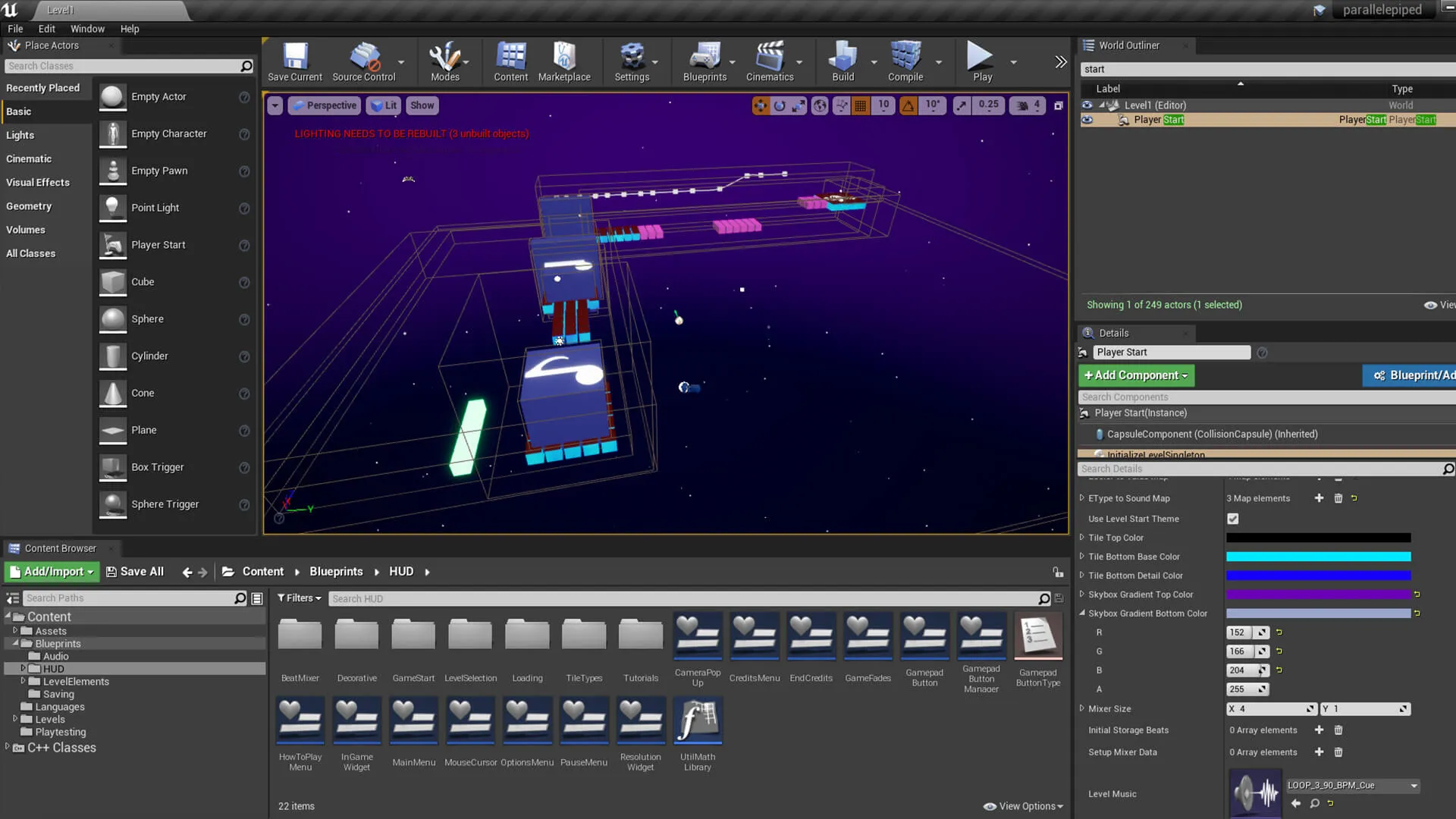 A screenshot of a video game level as it is being worked on in a game engine program