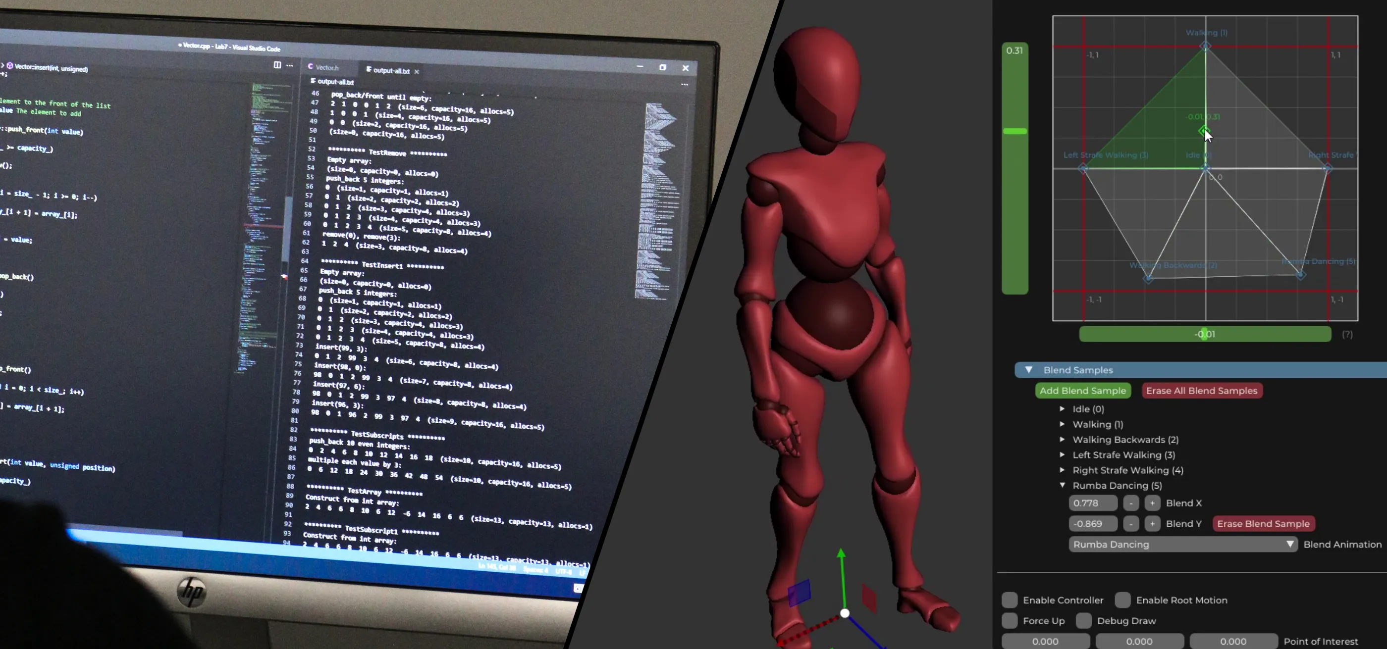 Imagen de pantalla dividida que muestra a la izquierda una interfaz de programación con líneas de código en un editor de Visual Studio Code. A la derecha, se ve un modelo 3D de una figura humanoide, con una interfaz de control de animación.