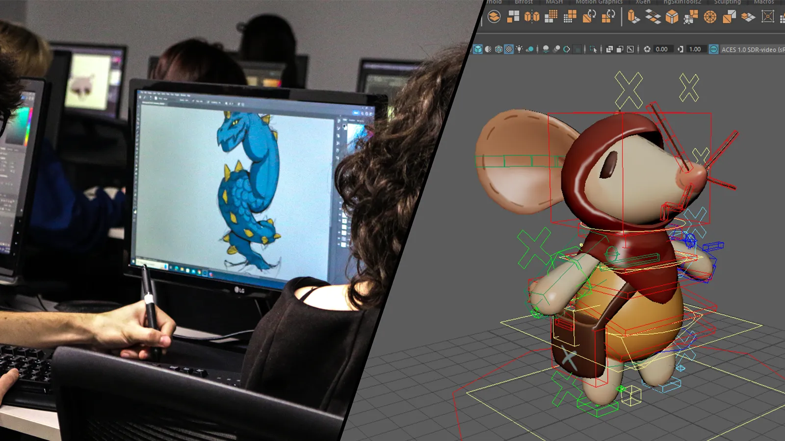 Imagen dividida de un estudiante creando una ilustración digital de un dragón en un ordenador, y un personaje renderizado en 3D de un ratón en otra pantalla, mostrando el trabajo de animación y diseño de personajes en DigiPen Europe - Bilbao.