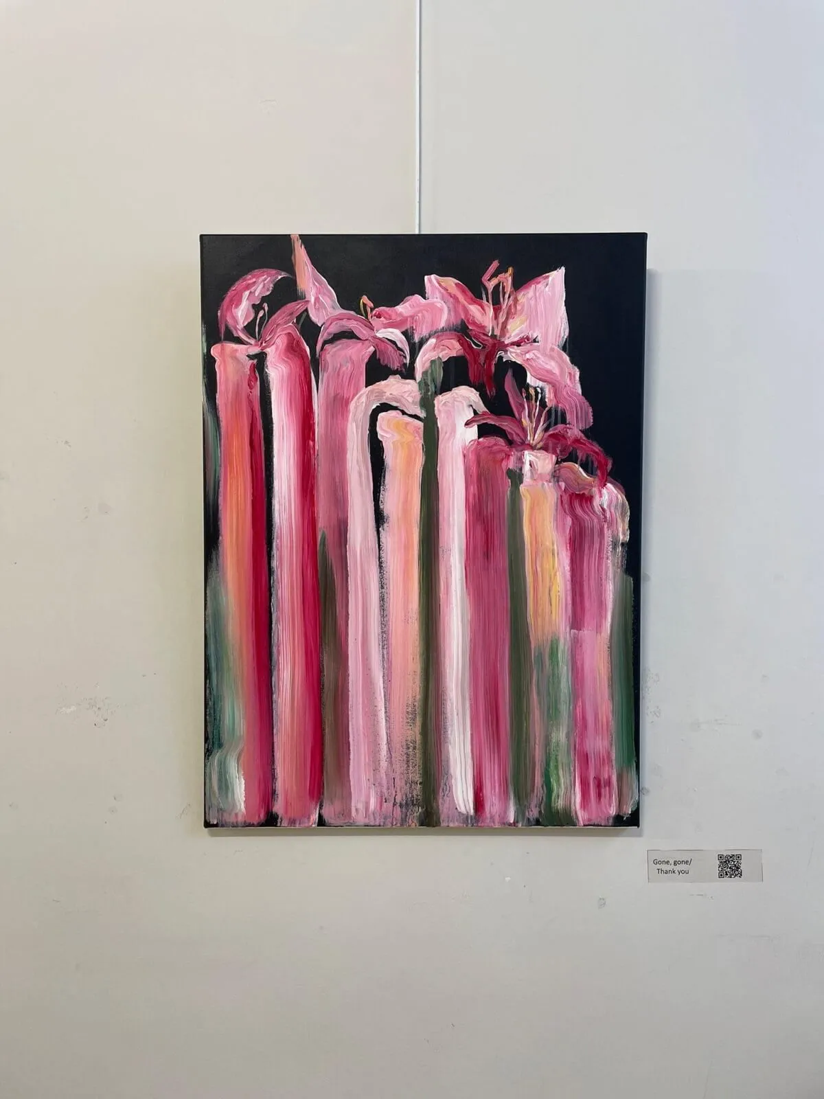 Abstract painting with vertical pink and green strokes