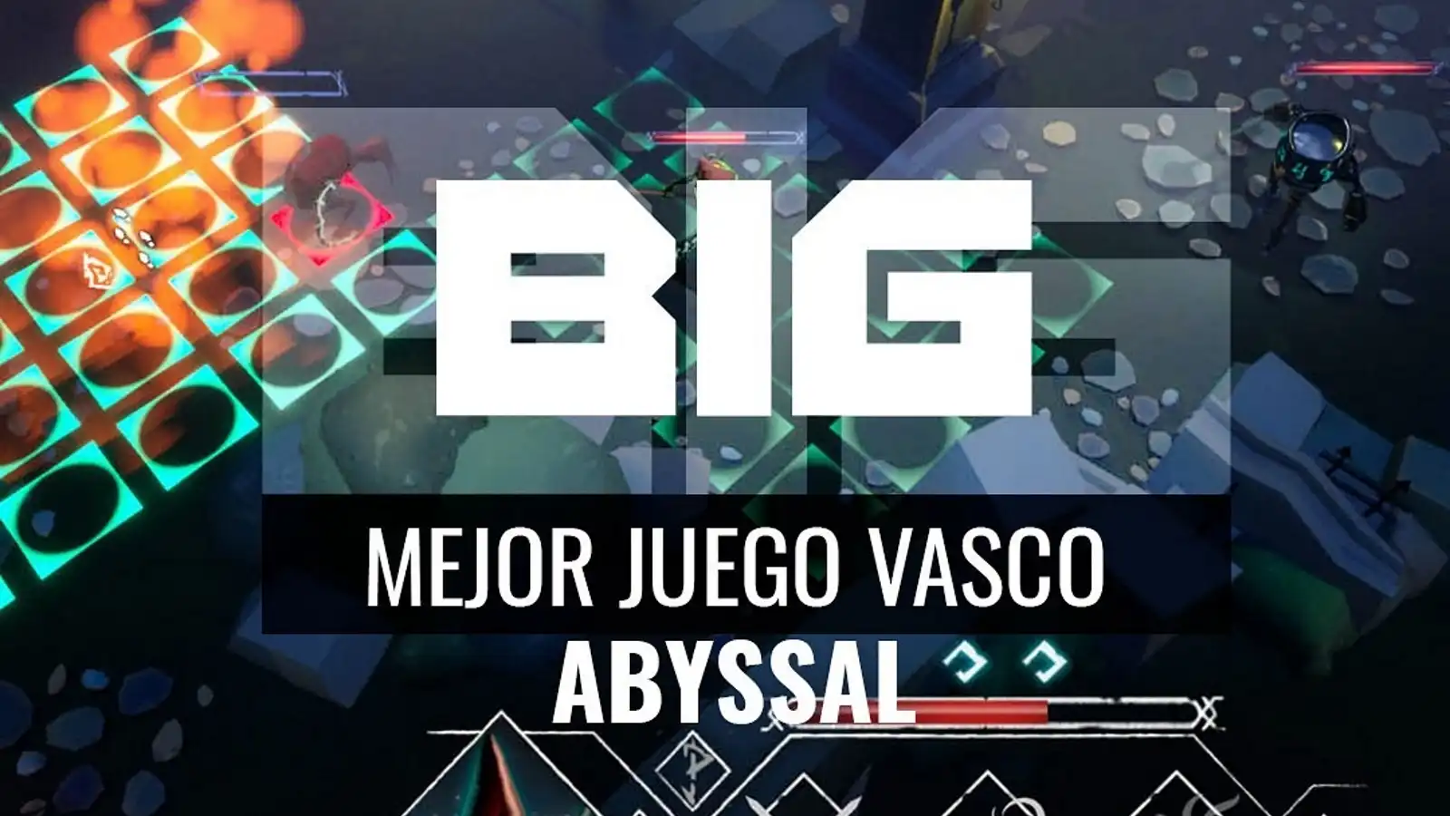 Imagen promocional de 'Abyssal' con el diseño del juego y el anuncio de su premio al Mejor Juego Vasco en la BIG Conference 2024. 