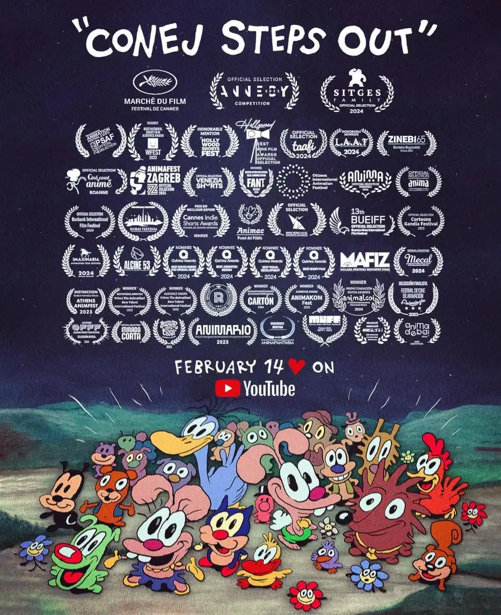 Poster for Conej Steps Out, an animated short film. It prominently displays numerous festival laurels from major events like Cannes, Annecy, and Sitges, alongside colorful vintage-style cartoon characters.