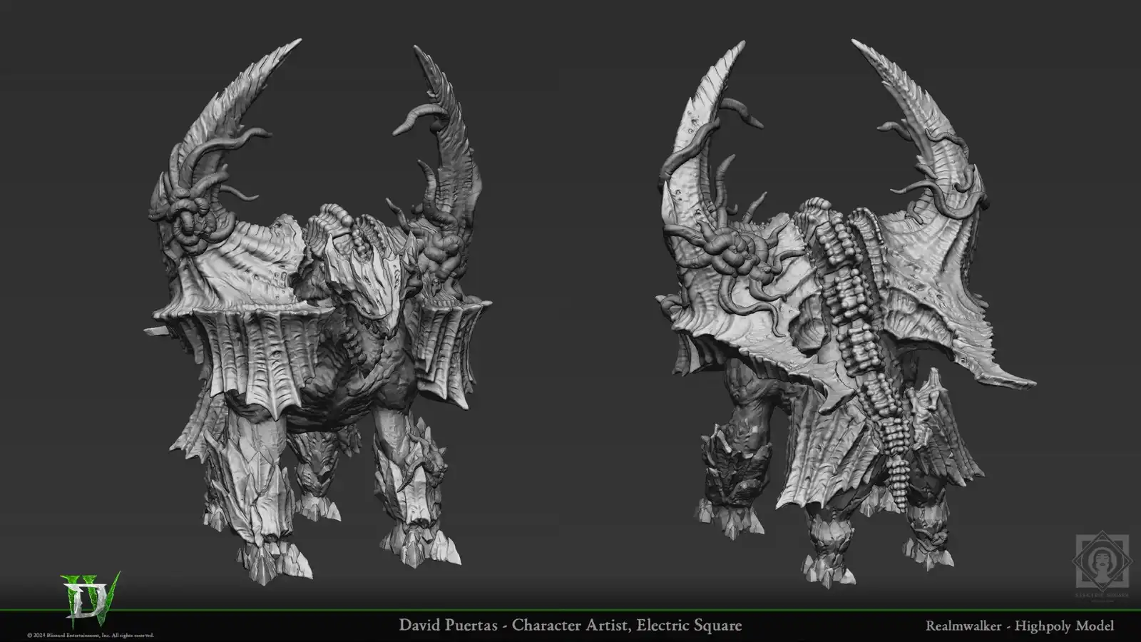 High-poly model of an armored monster for Diablo IV, featuring sharp horns and fine details.