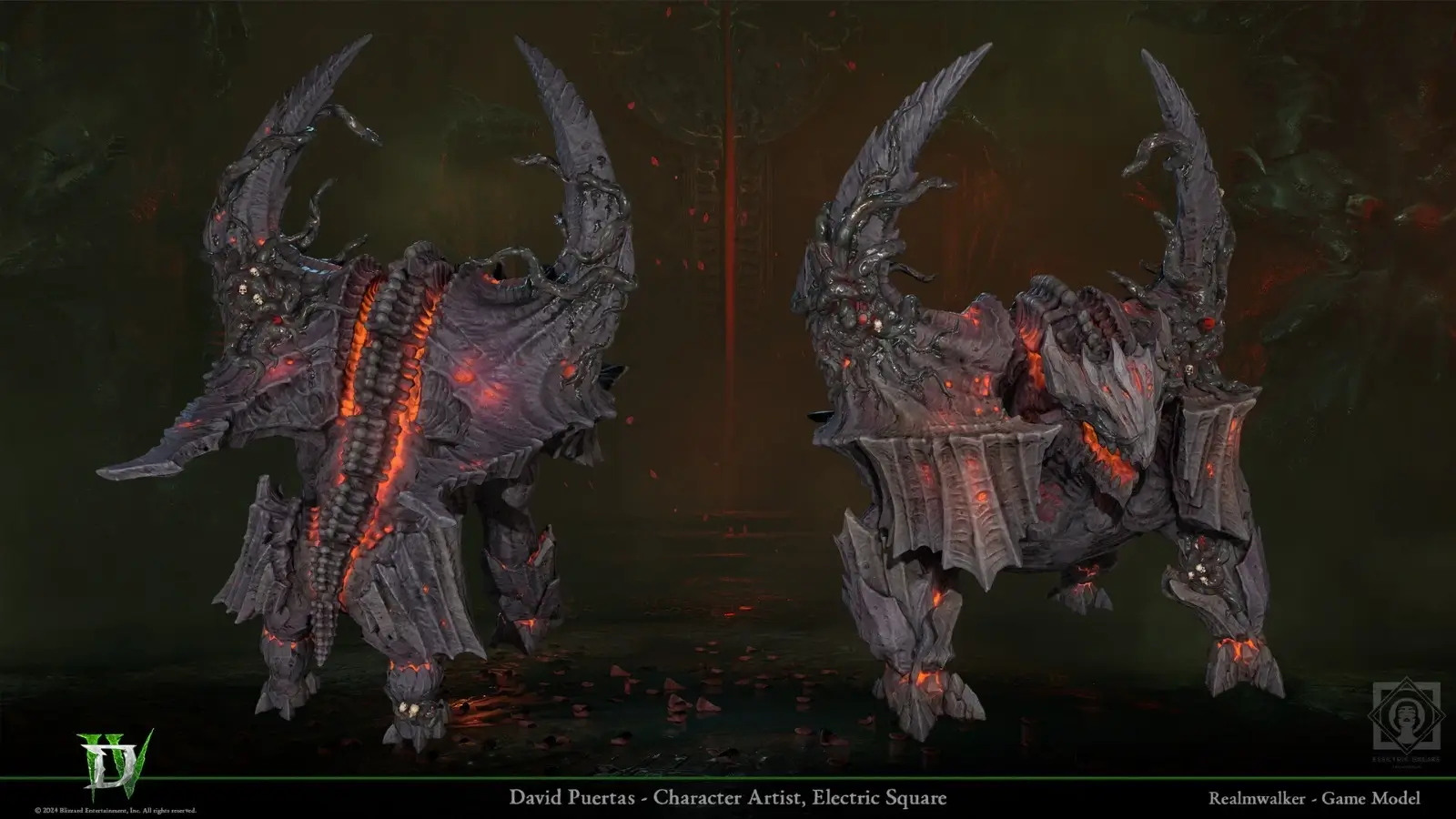 Horned, decayed monsters from Diablo IV, modeled by David Puertas, in a gothic style.