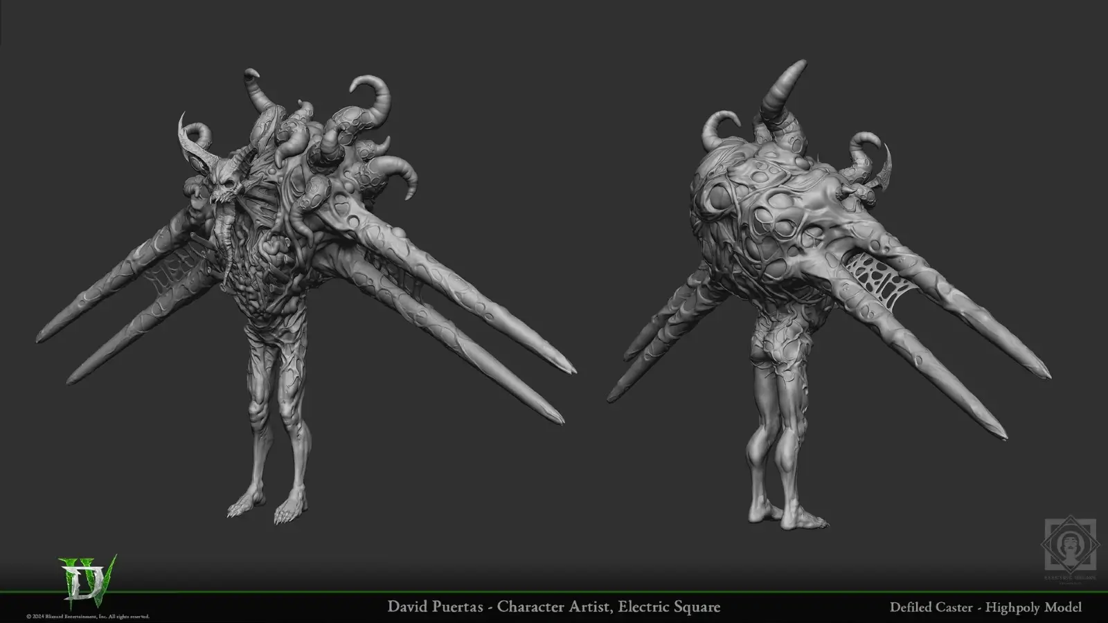 Side view of an armored, glowing monster from Diablo IV, designed by David Puertas.