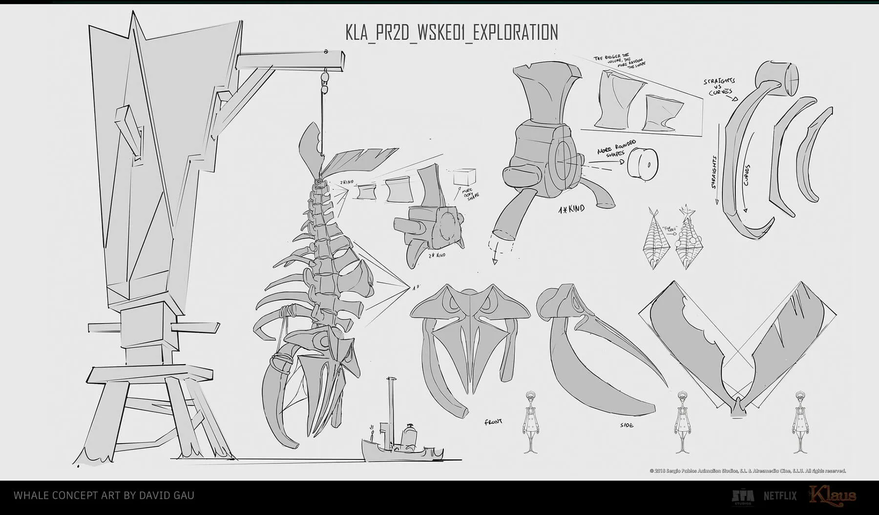  Sketches of a whale skeleton hanging from a tall building.