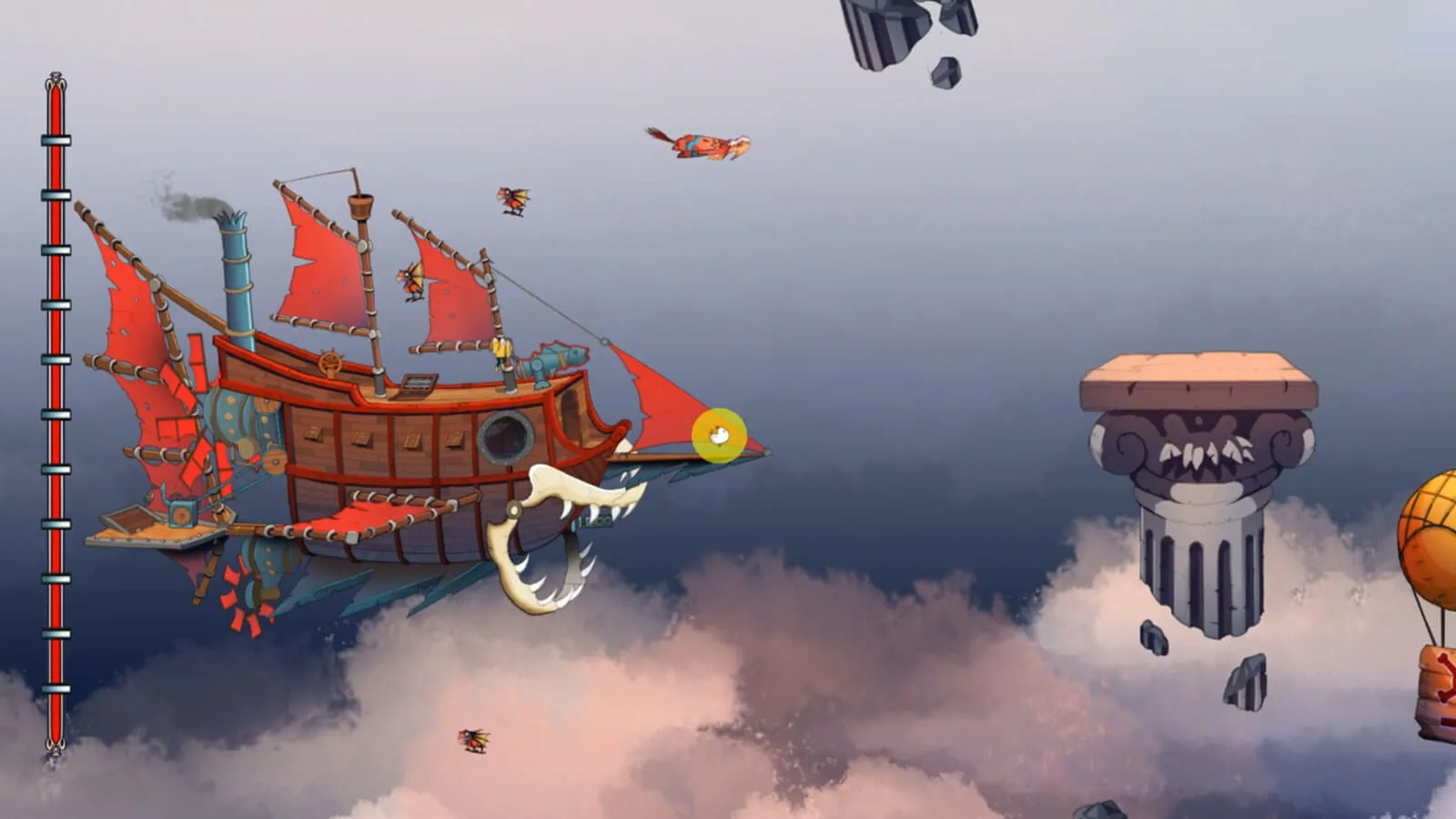 The SkyWolf game aircraft navigates searching for his friends overcoming various obstacles.