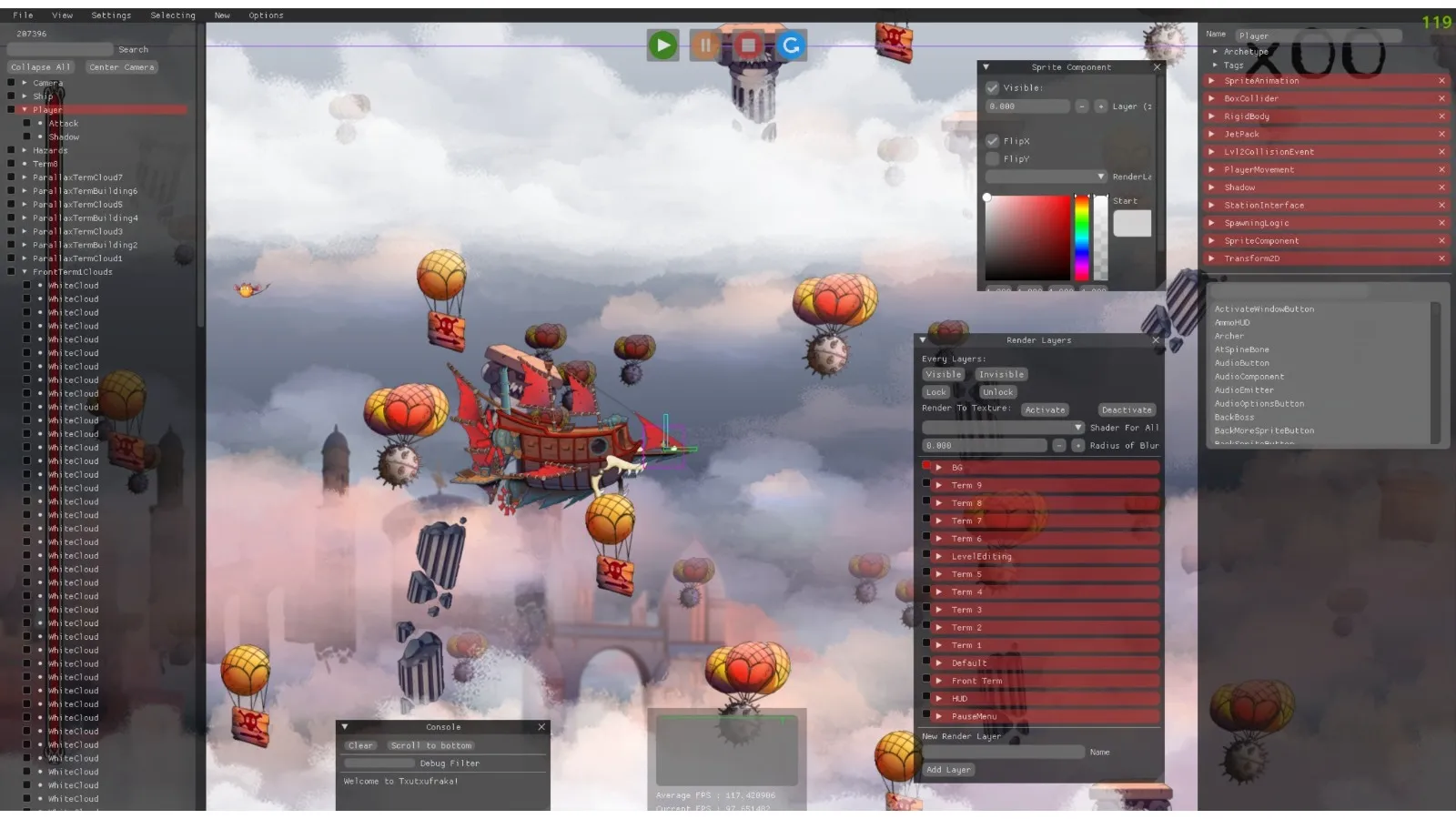 SkyWolf development screen where the design tools and layers are shown.