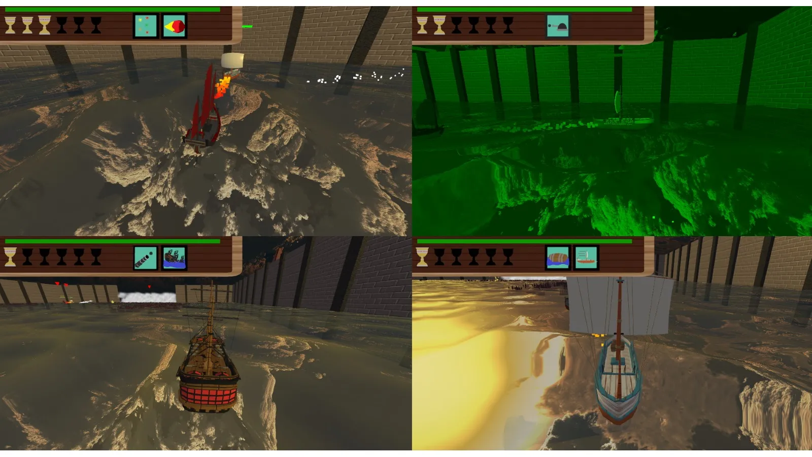 Different boats sail in a water environment in the game Seavilization.