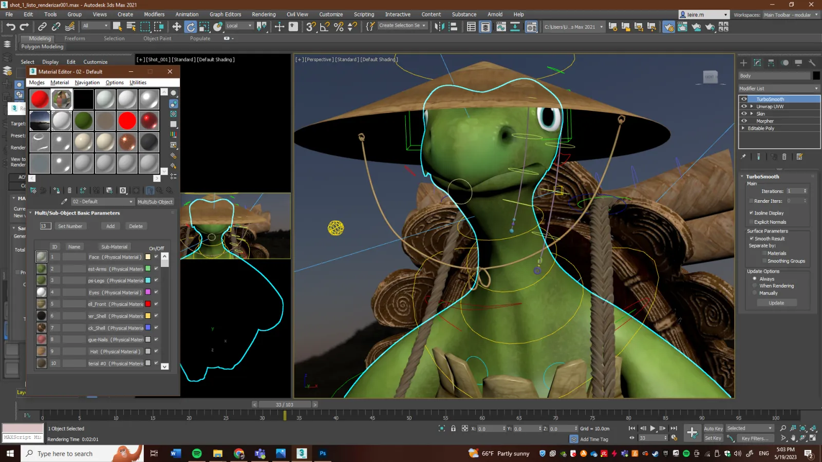 3ds Max software interface displaying the texturing process for a 3D Trott, including the material editor and applied textures.