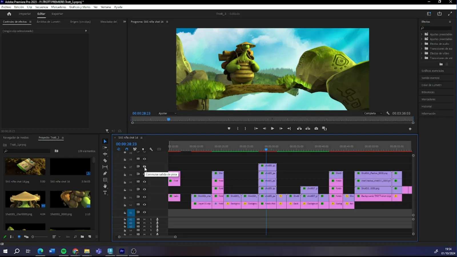 Editing screen of the short film Trott in Adobe Premiere Pro, showcasing various clips and timelines.