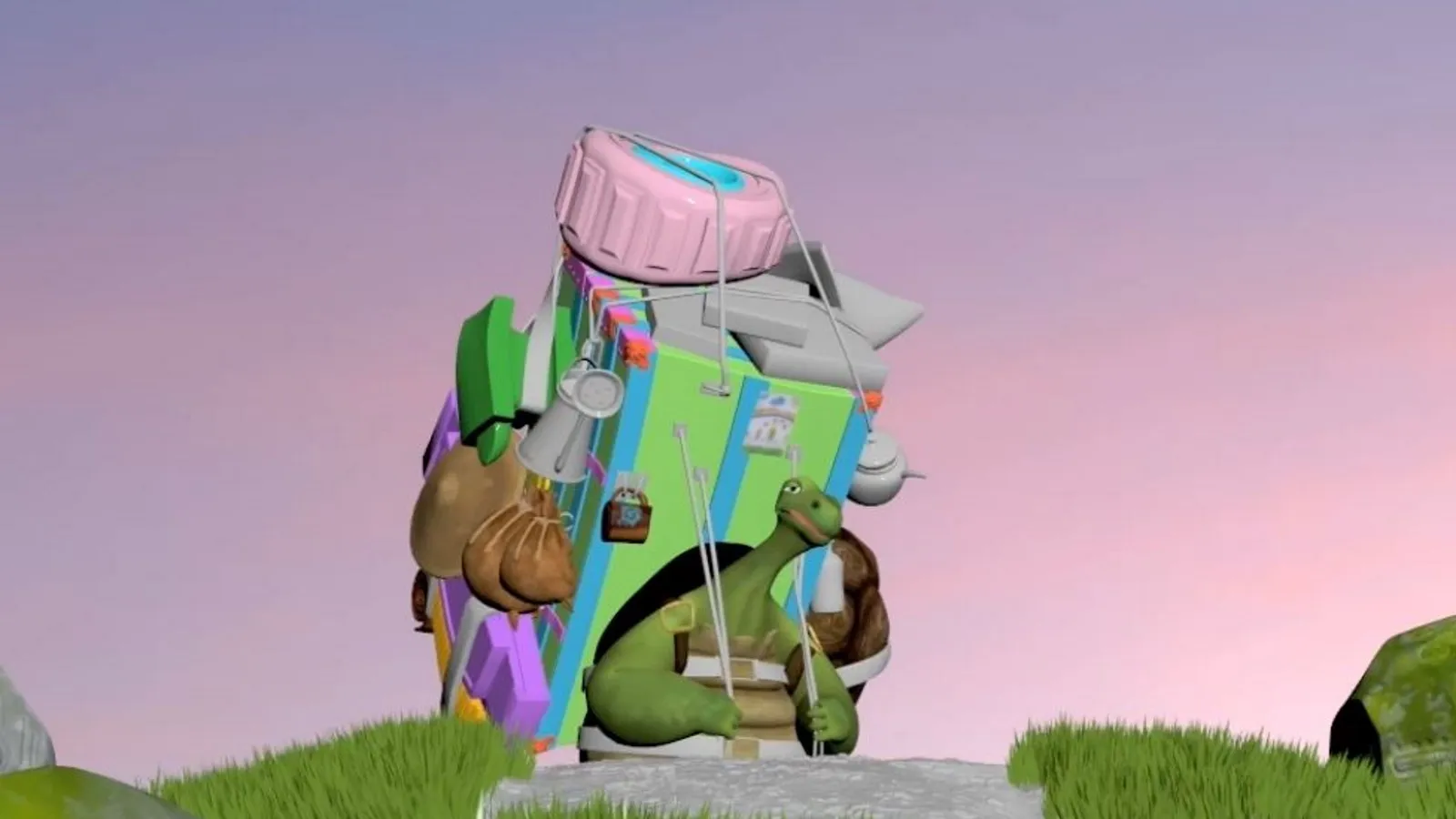 3D animated Trott carrying a large, colorful load of objects on its back.