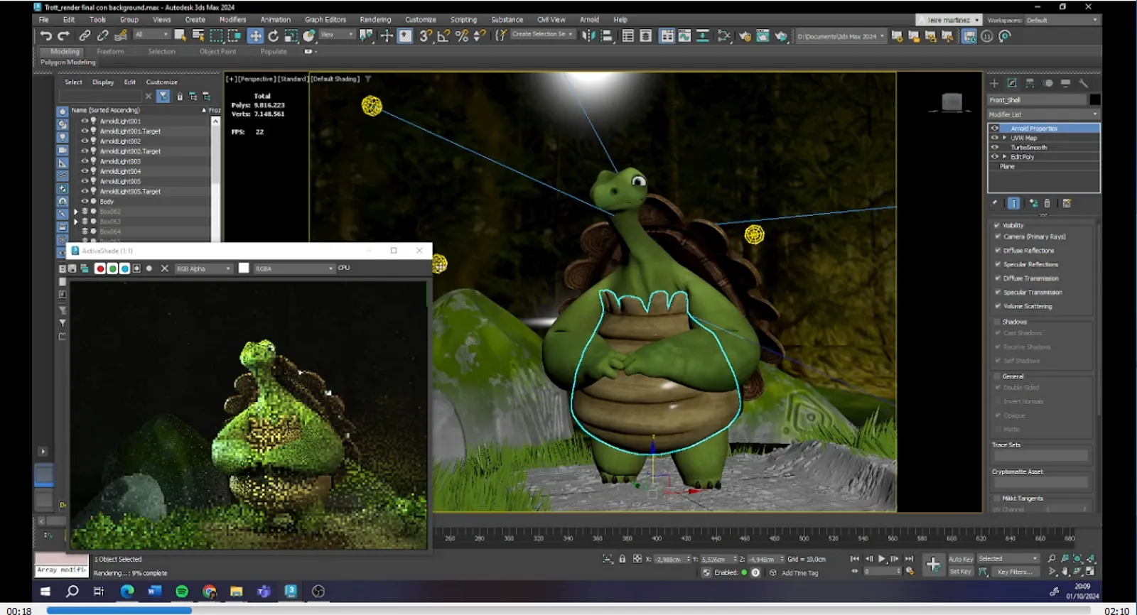 3D rendering process of Trott in a scene, showing lighting and shading details.